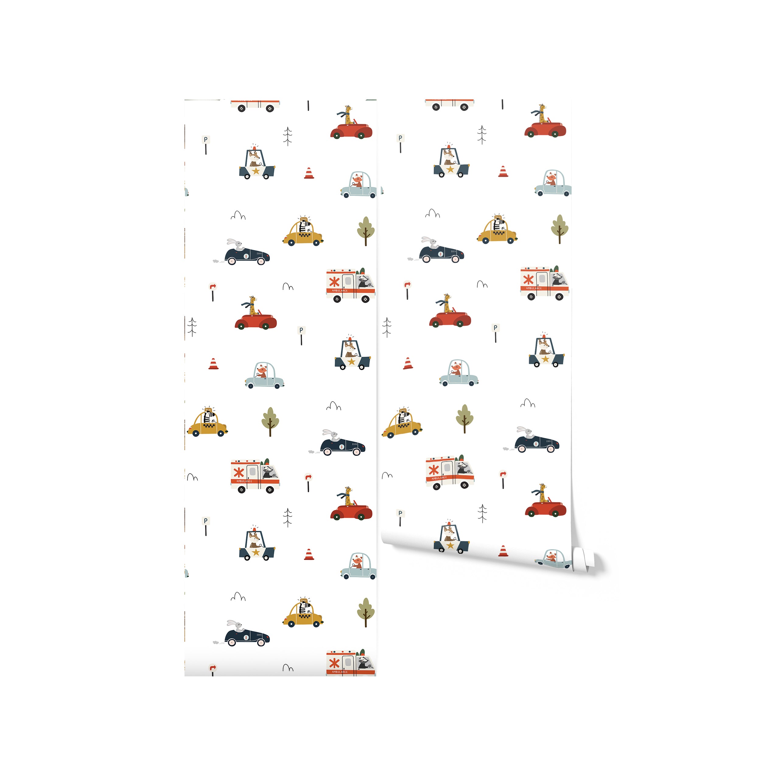 A roll of Cute Cars Wallpaper 02 depicting a whimsical pattern of various cartoon vehicles like police cars, taxis, and ambulances driven by cute animals, interspersed with road elements and greenery, perfect for a child's bedroom or play area.