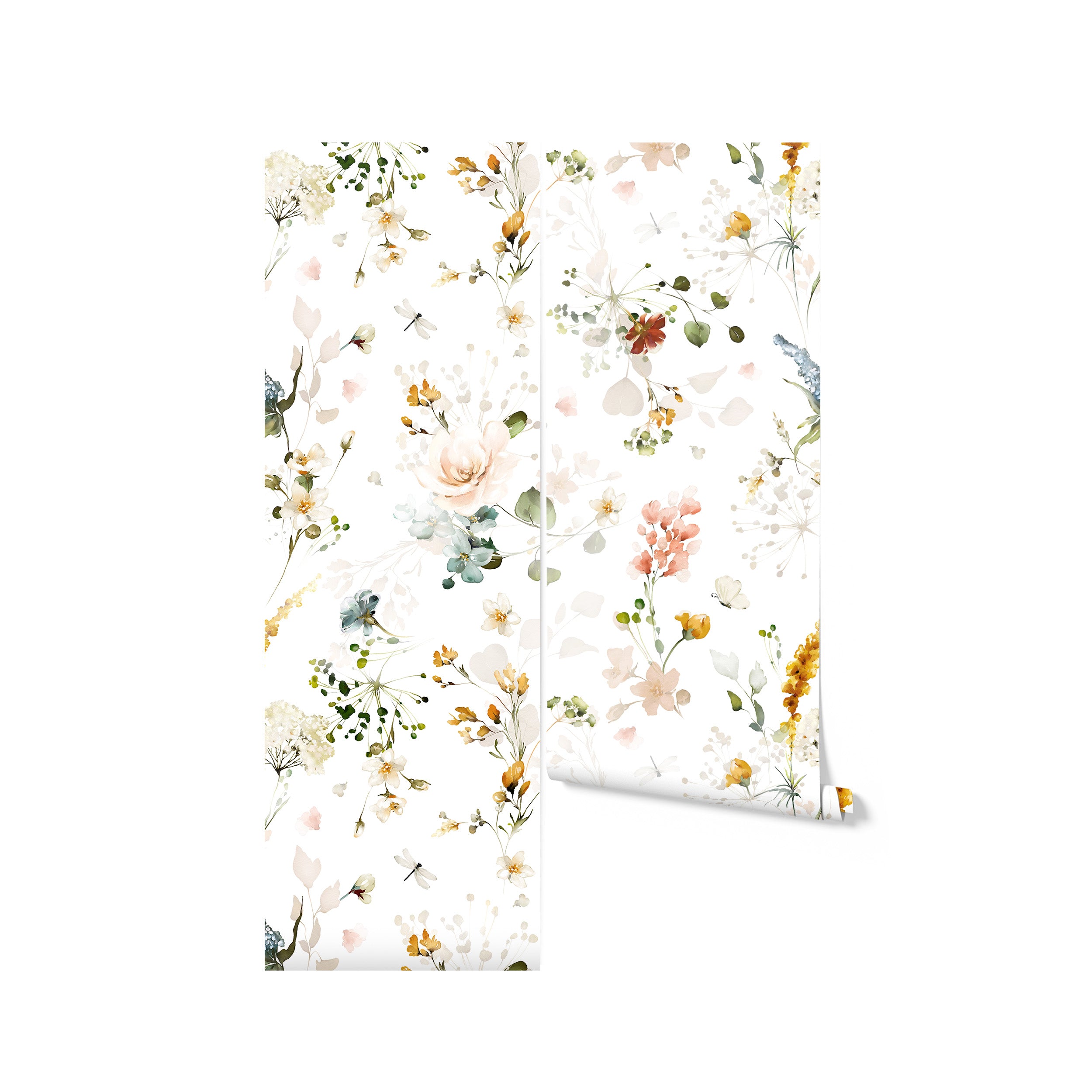A roll of Fiori Wallpaper, partially unrolled to show the intricate and colorful floral designs that make this wallpaper ideal for adding a touch of elegance and freshness to any interior space.