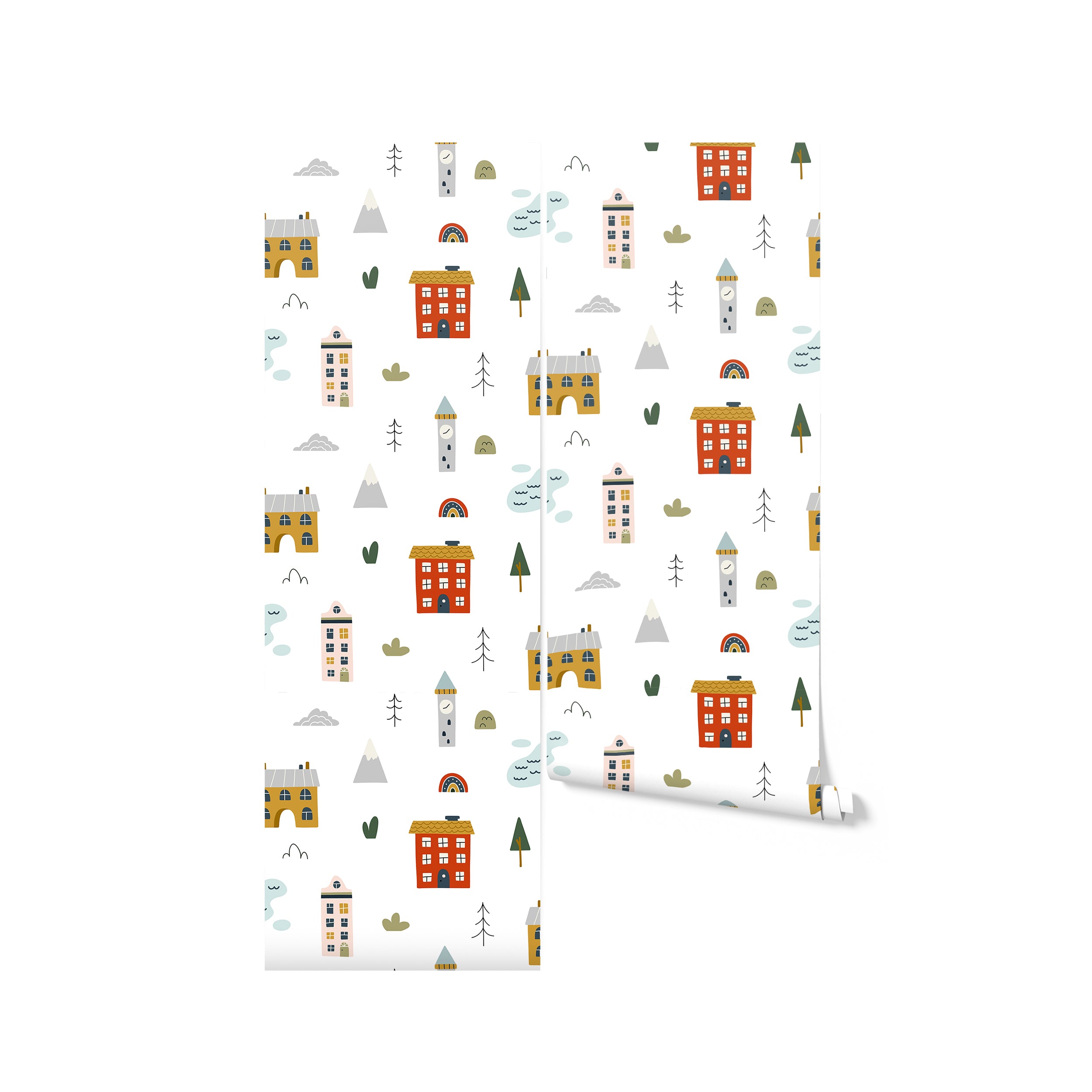 A roll of Cute Town Wallpaper illustrating a quaint village scene with assorted buildings, rainbows, and trees on a white background, ideal for adding a touch of whimsy to children's spaces