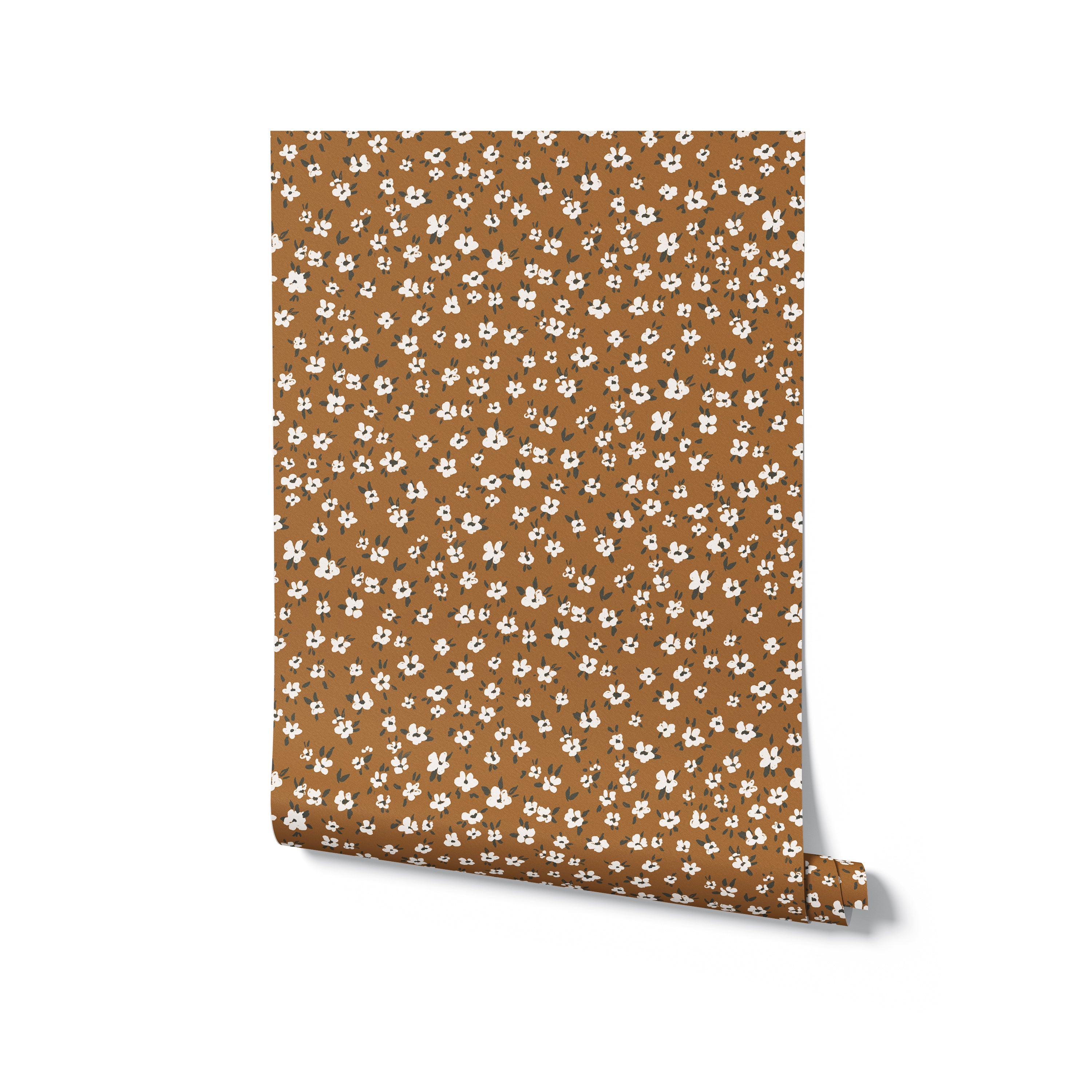 A roll of brown wallpaper featuring a pattern of small white flowers with a shadow cast on a white background, showcasing the texture and design of the wallpaper
