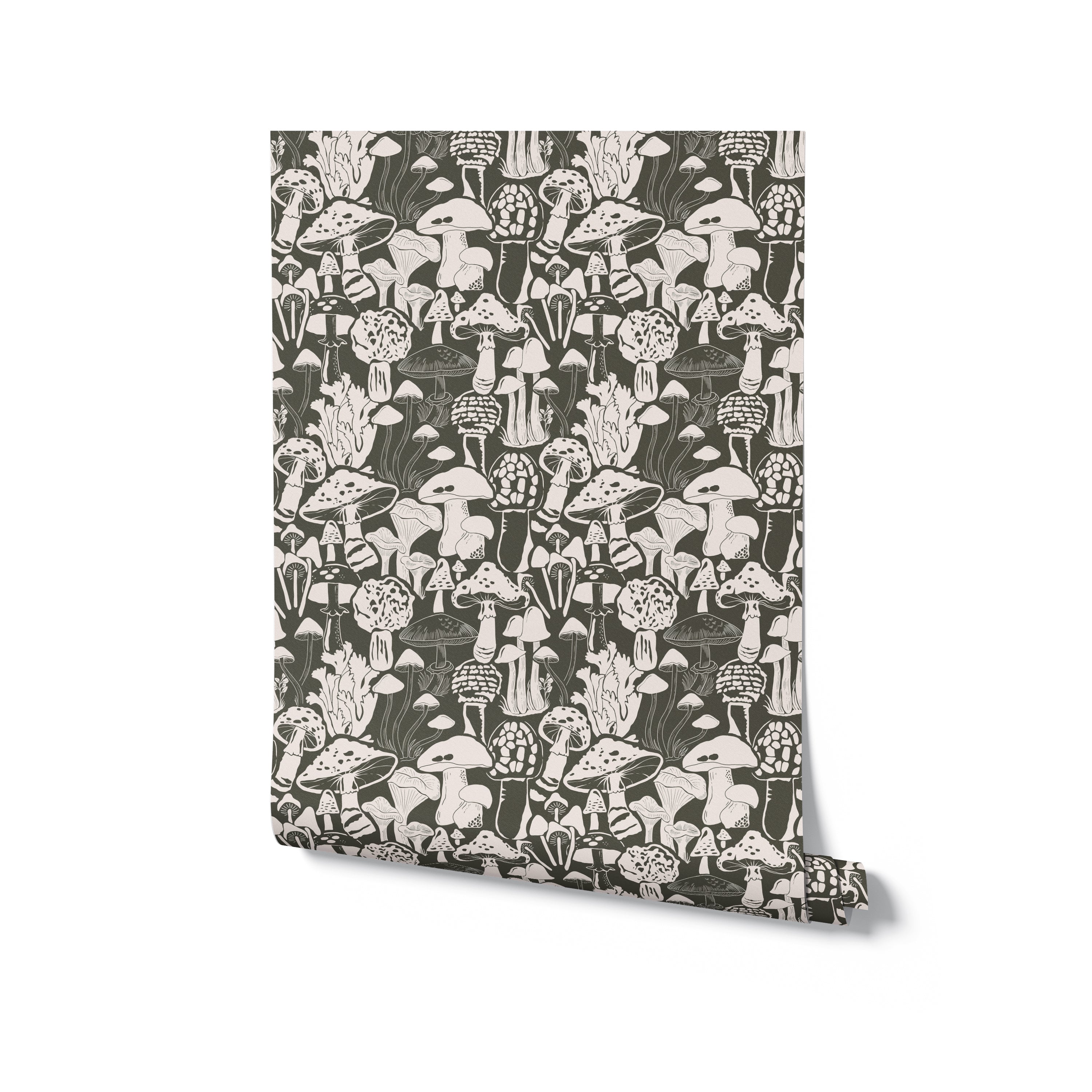 A roll of green wallpaper with a playful mushroom print in cream, displaying a variety of forest fungi that add a touch of whimsy to any room decor
