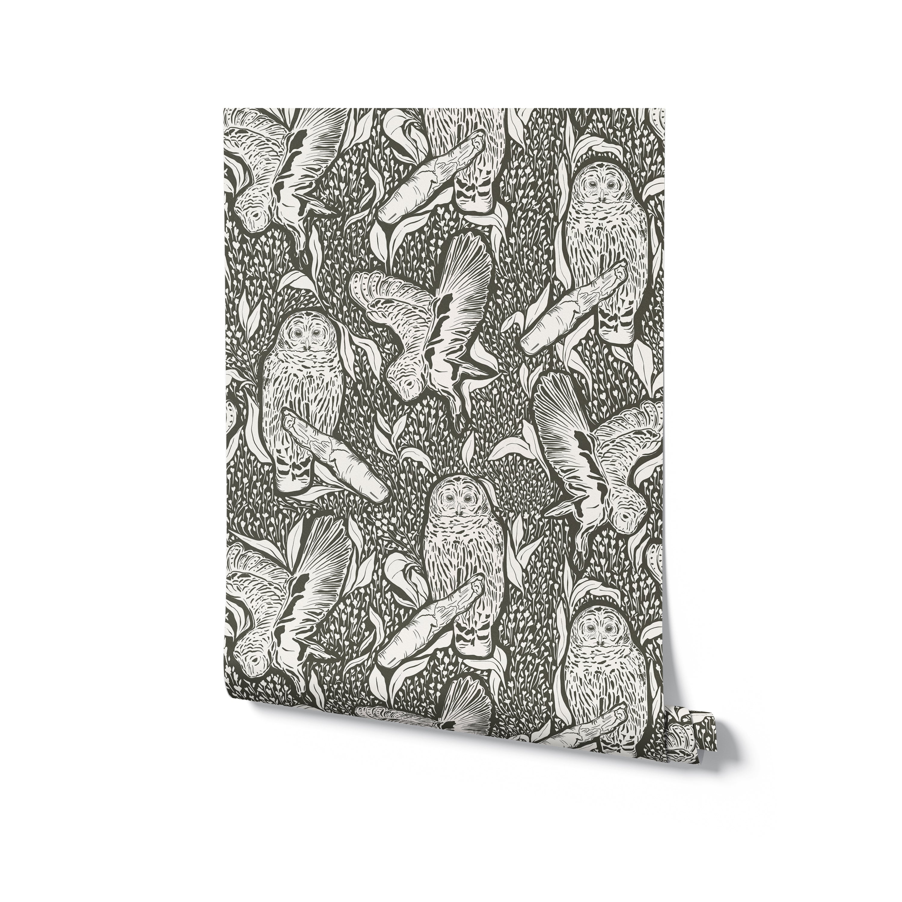 A roll of black and white wallpaper with a detailed owl and foliage pattern, presenting a captivating and nature-inspired design suitable for a stylish interior space