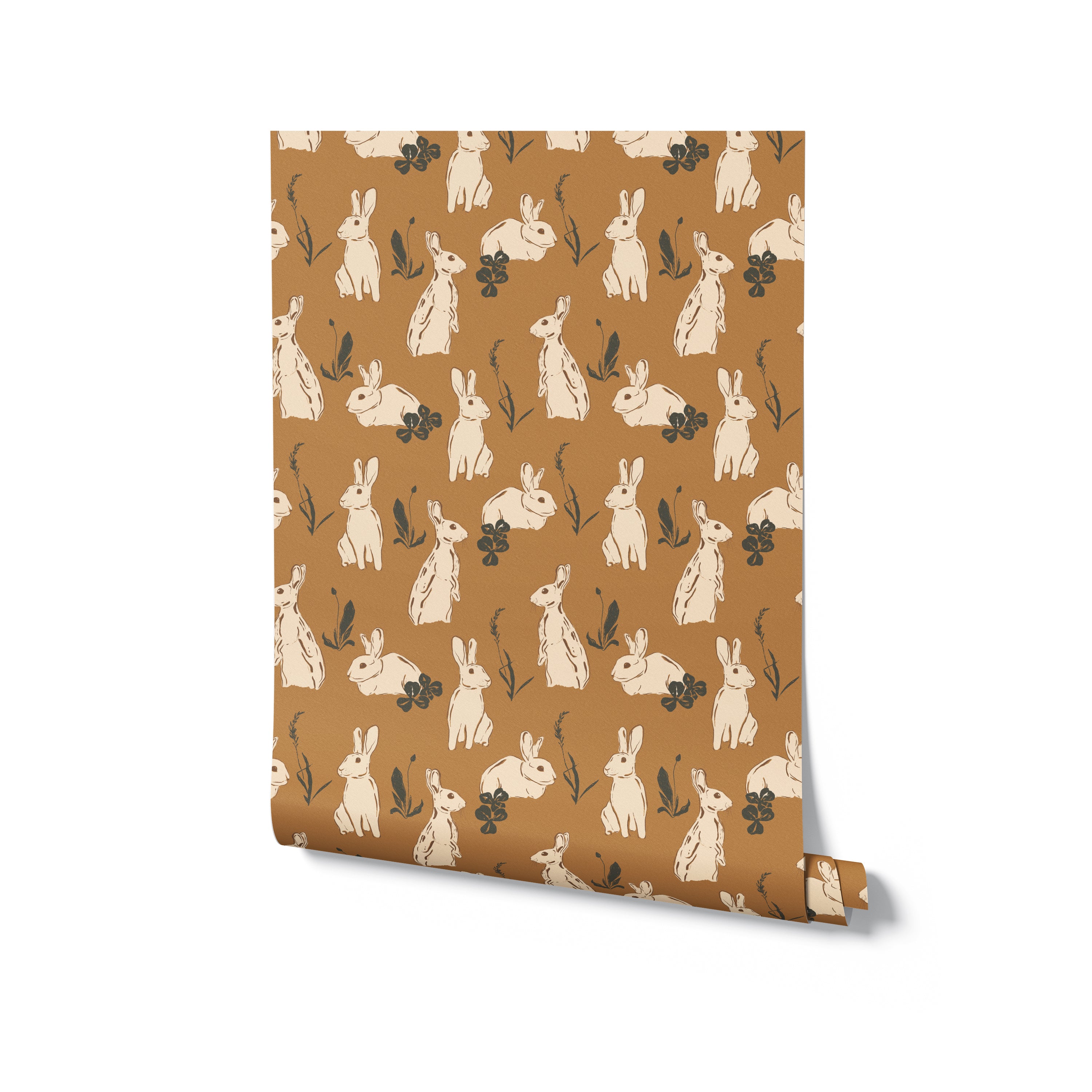A roll of enchanting rabbit-themed wallpaper in a beige and cream color scheme, showcasing a playful and elegant pattern ideal for a whimsical room makeover