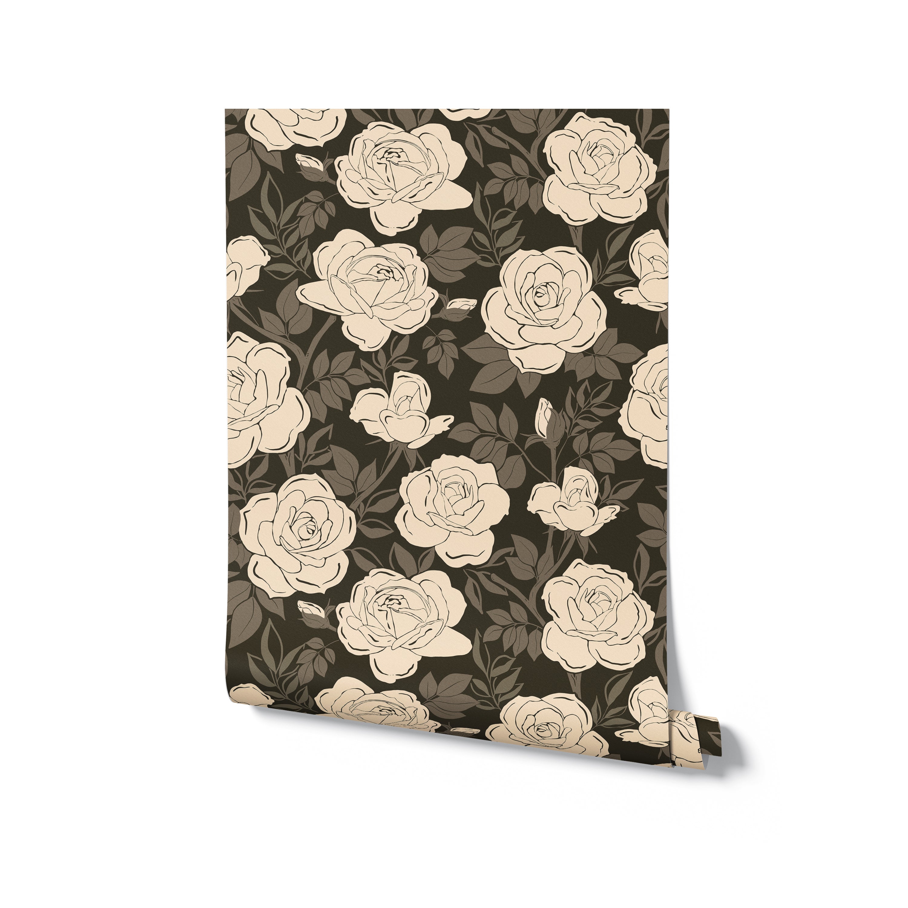 A roll of wallpaper with a repeating pattern of stylized cream roses and olive green leaves on a dark background, suggesting an elegant and contemporary design suitable for various interior decor styles.