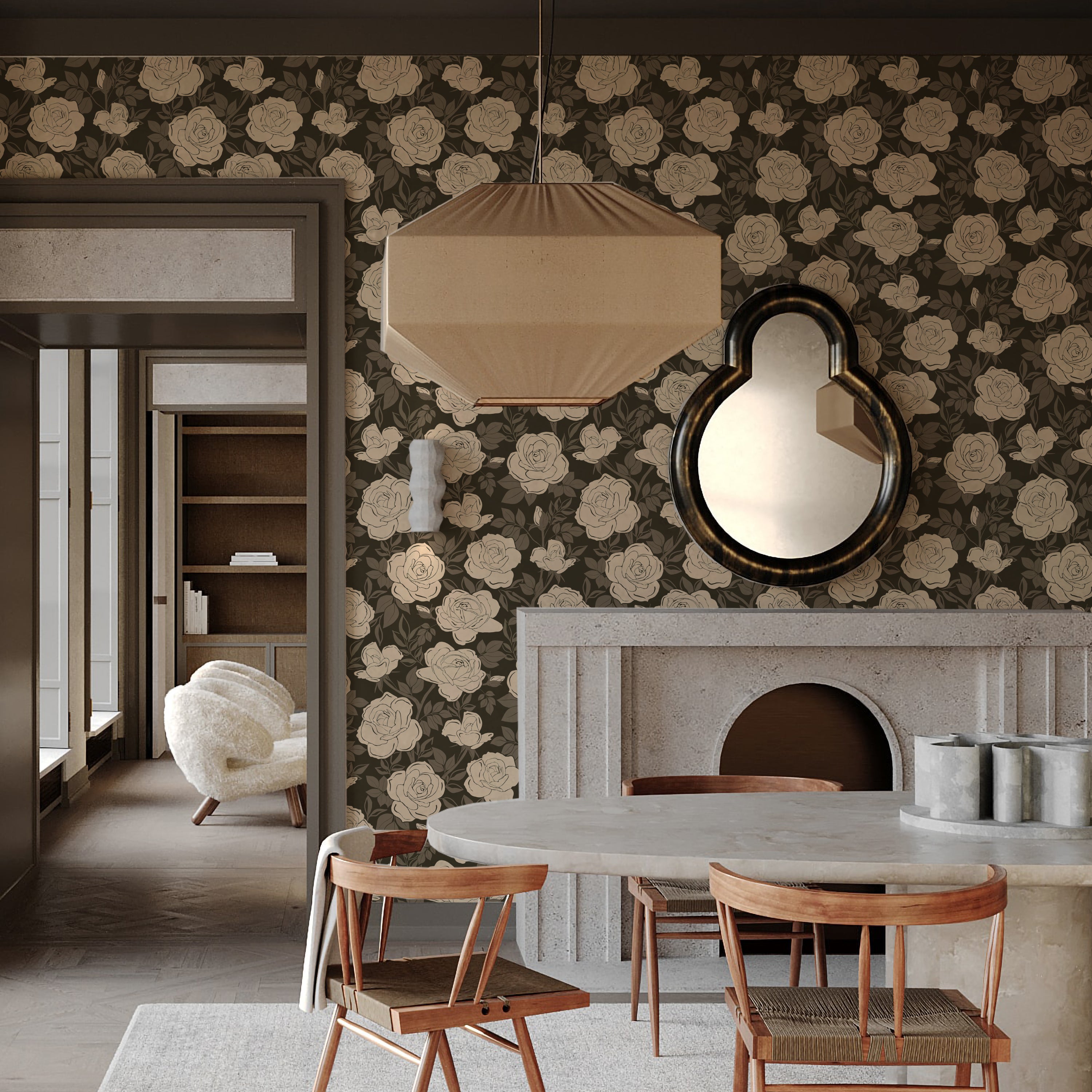 A chic dining area with a modern fireplace, showcasing chairs and a paper pendant lamp, with a wall adorned by a wallpaper pattern of stylized cream roses set against a dark backdrop with olive green leafy accents.
