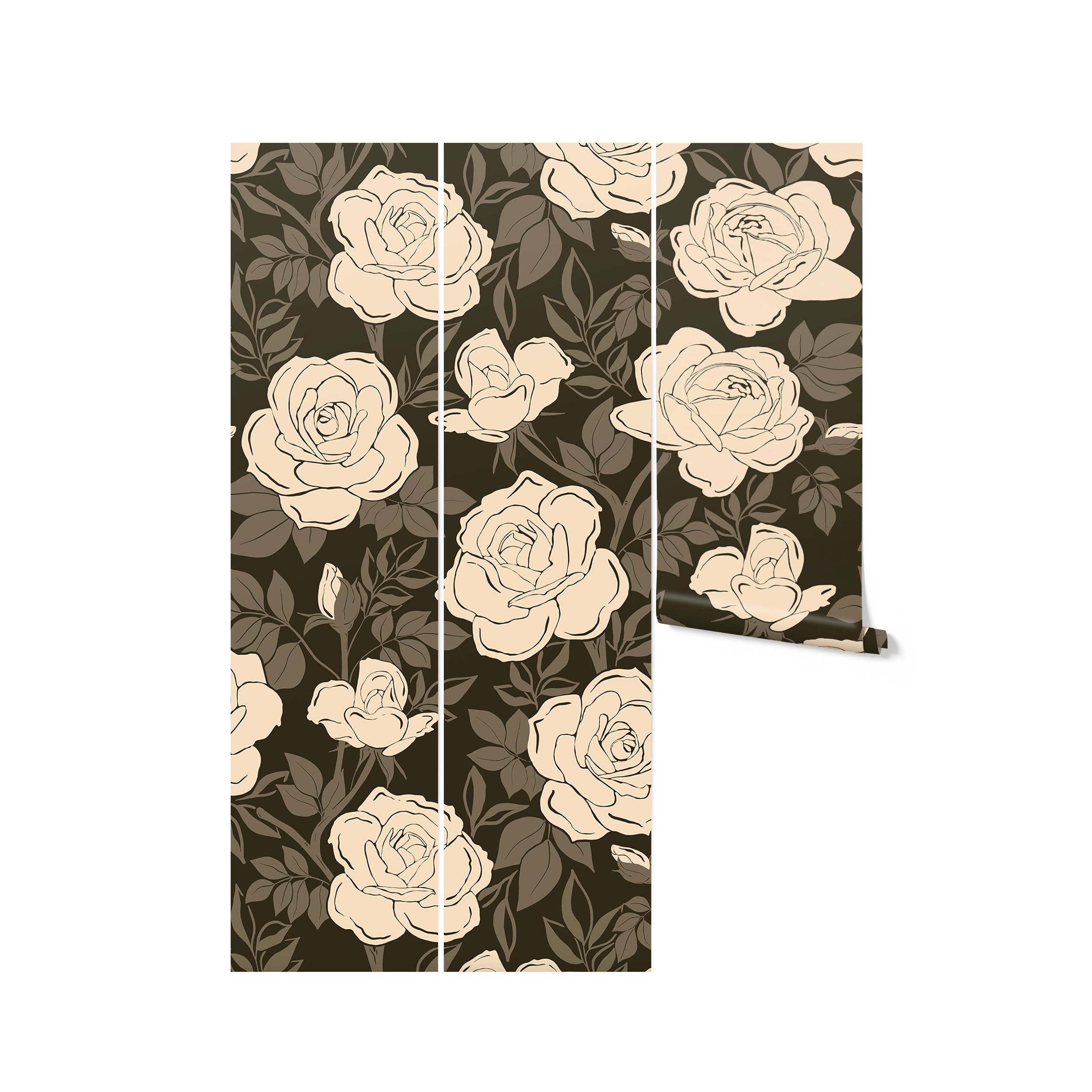 Close-up view of the Forest Rose Wallpaper - 75", depicting large, stylized cream roses with detailed leaves on a dark gray background, offering a dramatic and romantic touch to any interior design