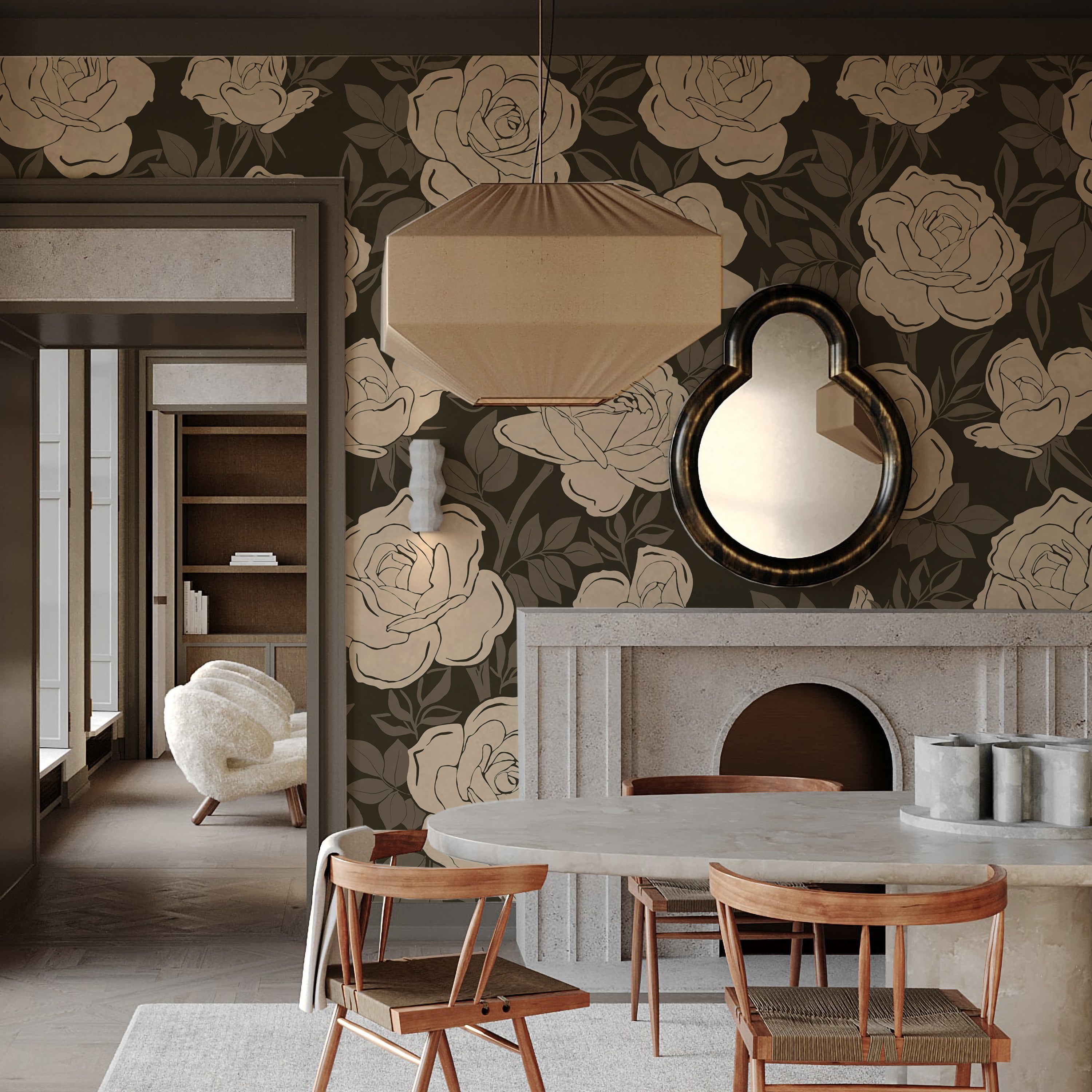 Contemporary dining room enhanced by a floral wallpaper with oversized cream roses on a dark backdrop. The room features a concrete dining table, wooden chairs, and a unique geometric pendant light, blending modern and rustic elements.