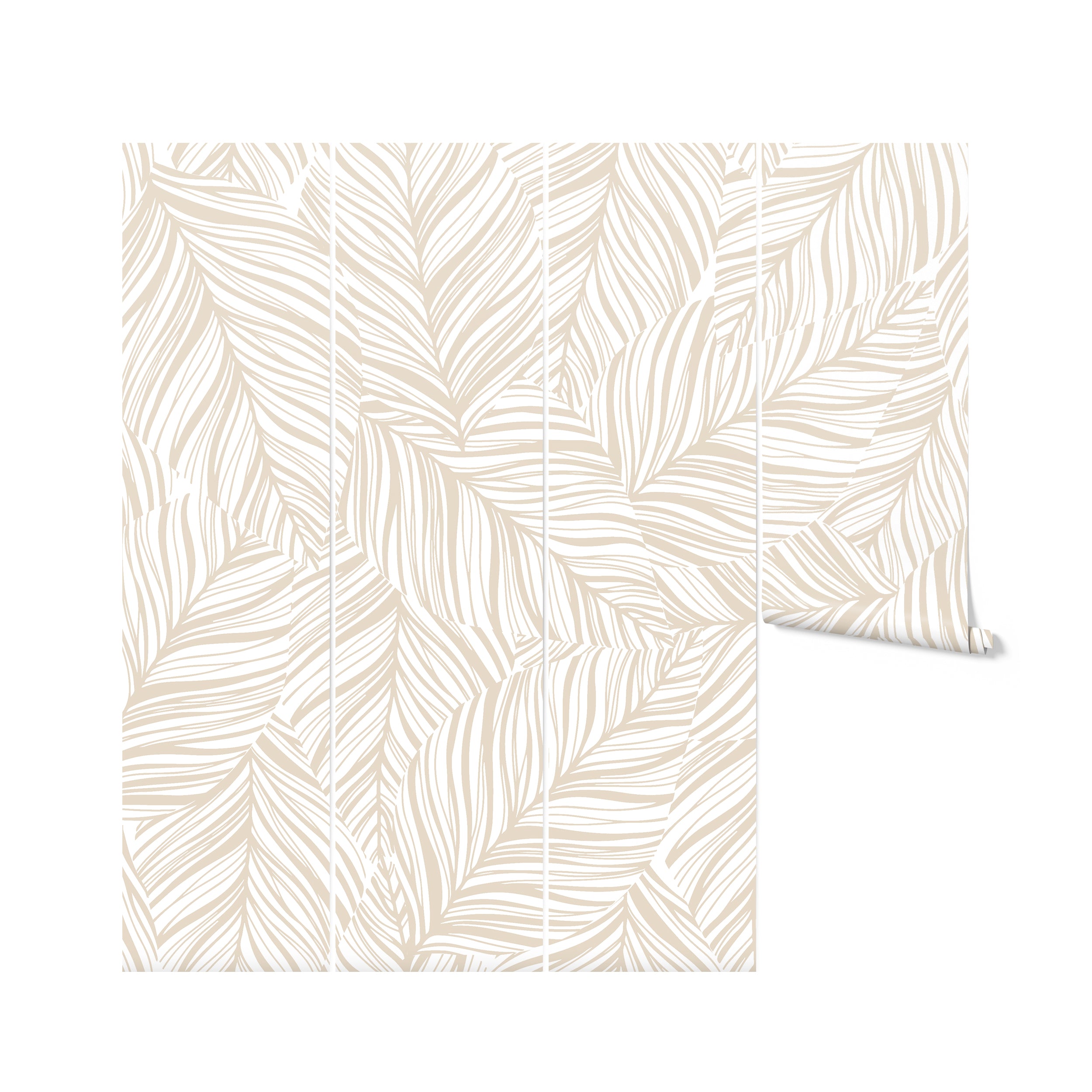 Rolled up view of Abstract Leaf Wallpaper showcasing a continuous leaf pattern in beige, ready to be installed. The wallpaper exudes a subtle elegance and natural charm, ideal for adding a botanical touch to any interior.