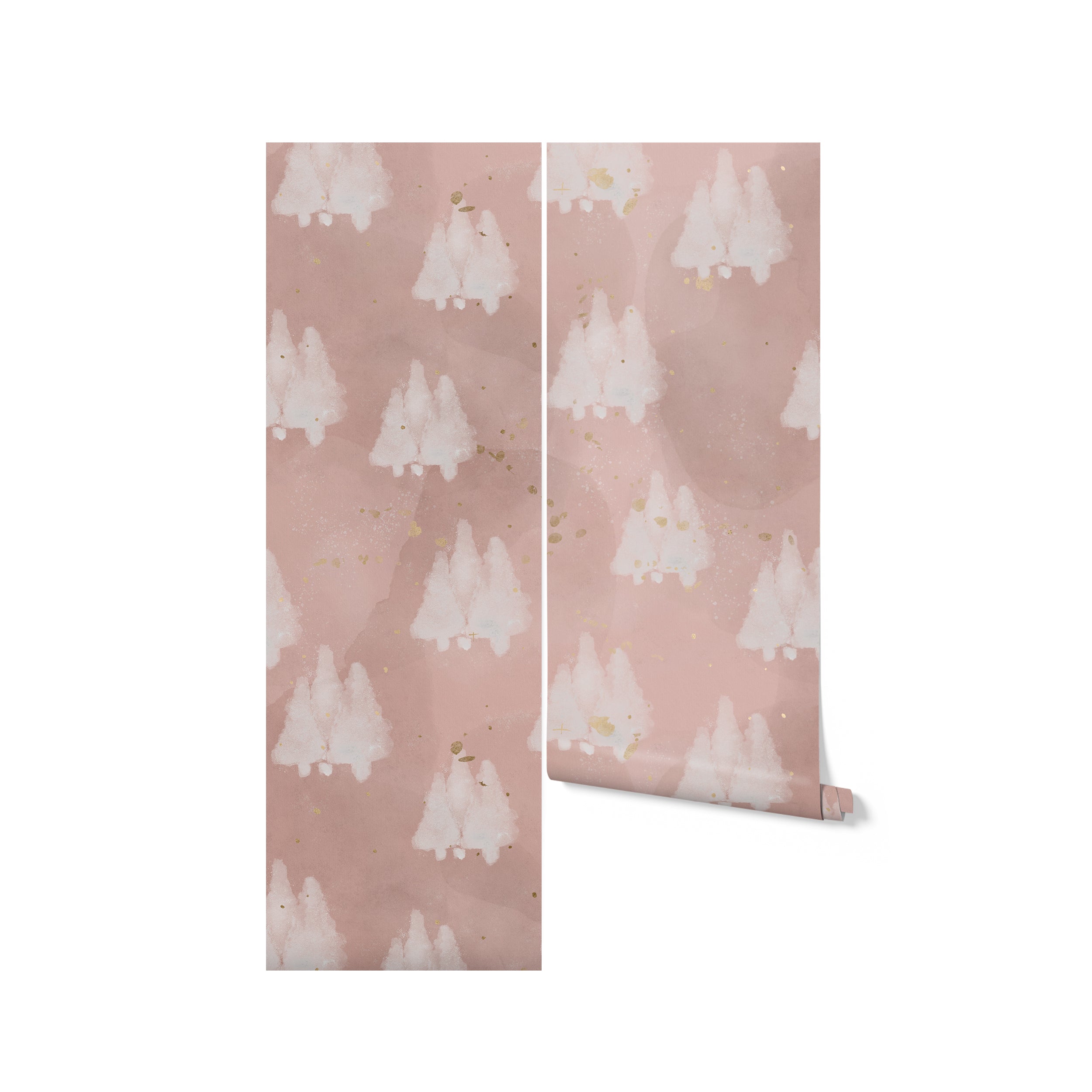 Rolls of Shimmer Tree Wallpaper - Pink showing the gentle and artistic design of white trees on a muted pink background, embellished with golden sparkles that add a touch of elegance and whimsy. This wallpaper is perfect for creating a soothing and captivating environment in any room