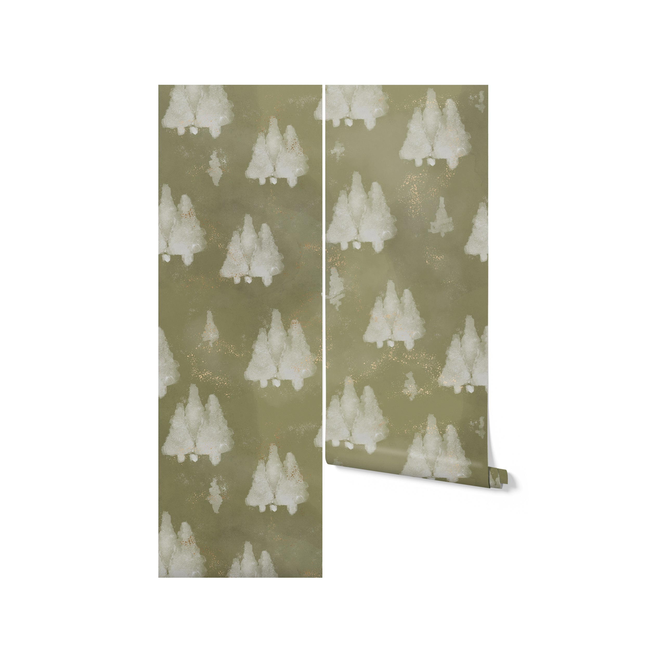 Rolls of Shimmer Tree Wallpaper showing a serene pattern of white trees on an olive green background, detailed with golden glitter accents. This wallpaper brings a touch of elegance and festive spirit to any room, suitable for both seasonal decor and year-round sophistication.