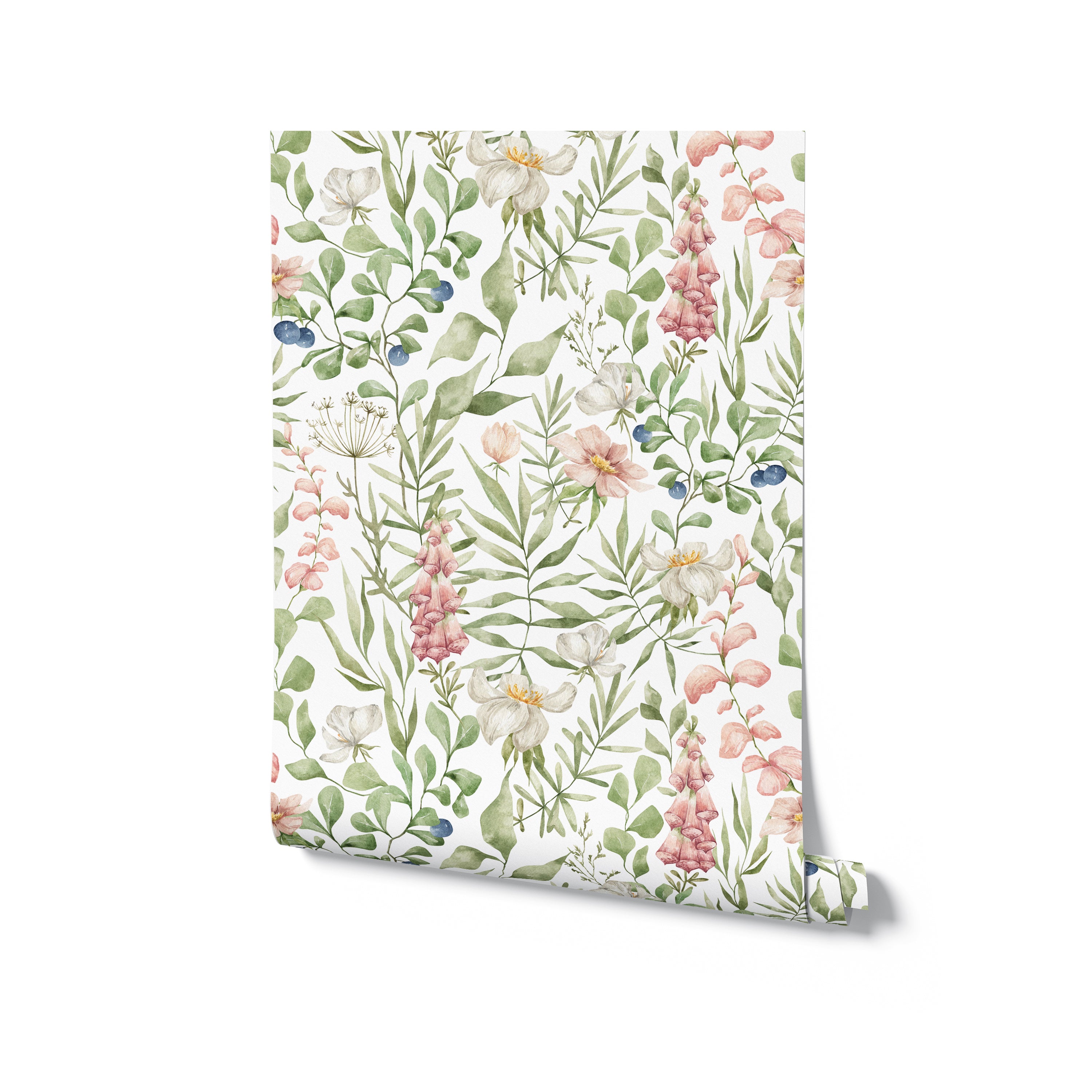 A digitally depicted roll of Watercolour Floral and Leaf Wallpaper, showing off a painterly arrangement of flowers and leaves in a watercolor style. The soft pastels and vibrant greens suggest a fresh, spring-like atmosphere, perfect for interior spaces that aim to capture the essence of a blooming garden.