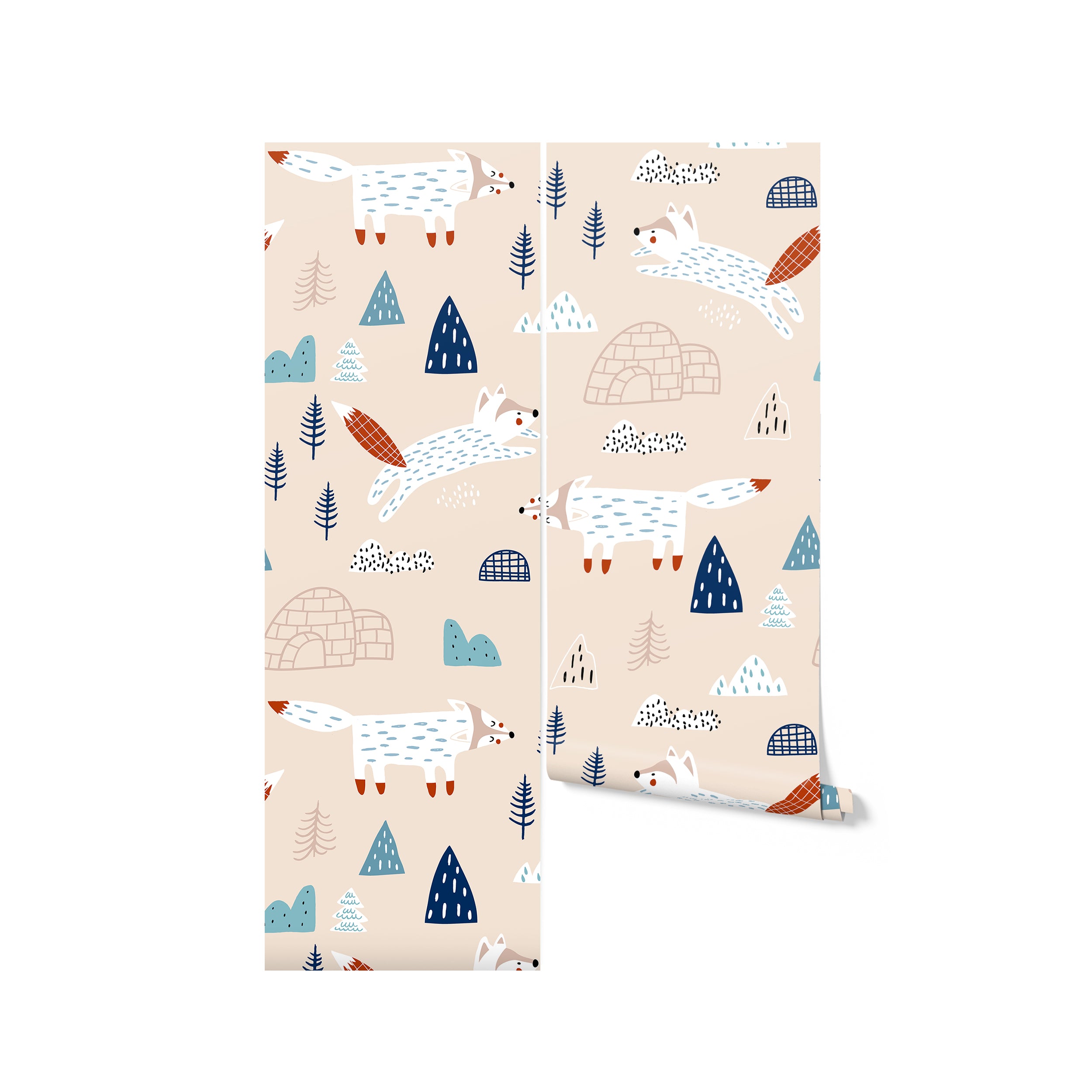 A roll of "Nordic Fox Wallpaper" displaying a delightful pattern of playful foxes, igloos, and trees on a warm beige background. The design features foxes in various poses amidst a minimalist landscape, perfect for adding a touch of whimsy to any child's room.