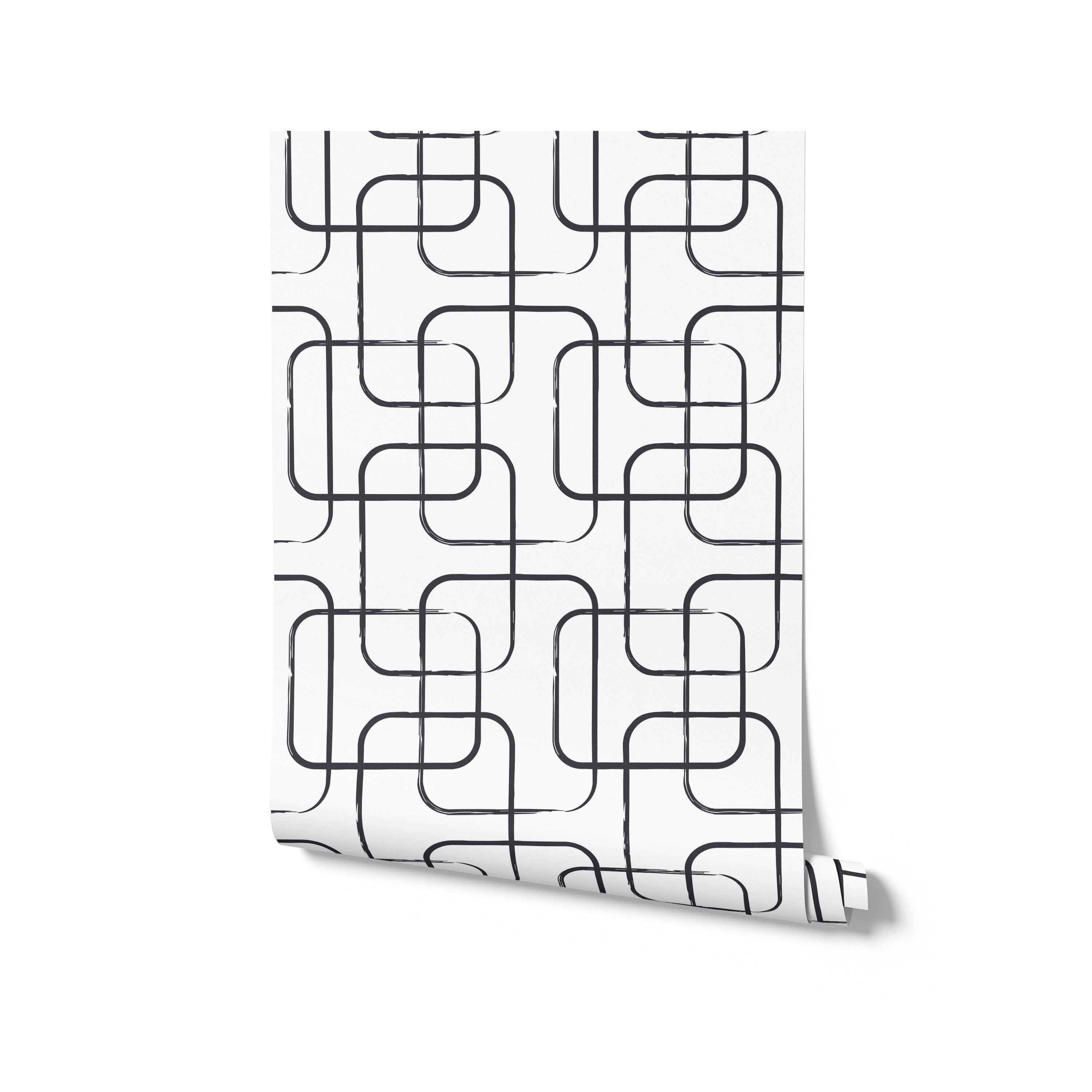 A roll of the Midnight Wallpaper unfurled to showcase the bold, black geometric grid pattern over a pure white backdrop. This wallpaper exemplifies modern design and would make a statement in any room it adorns.