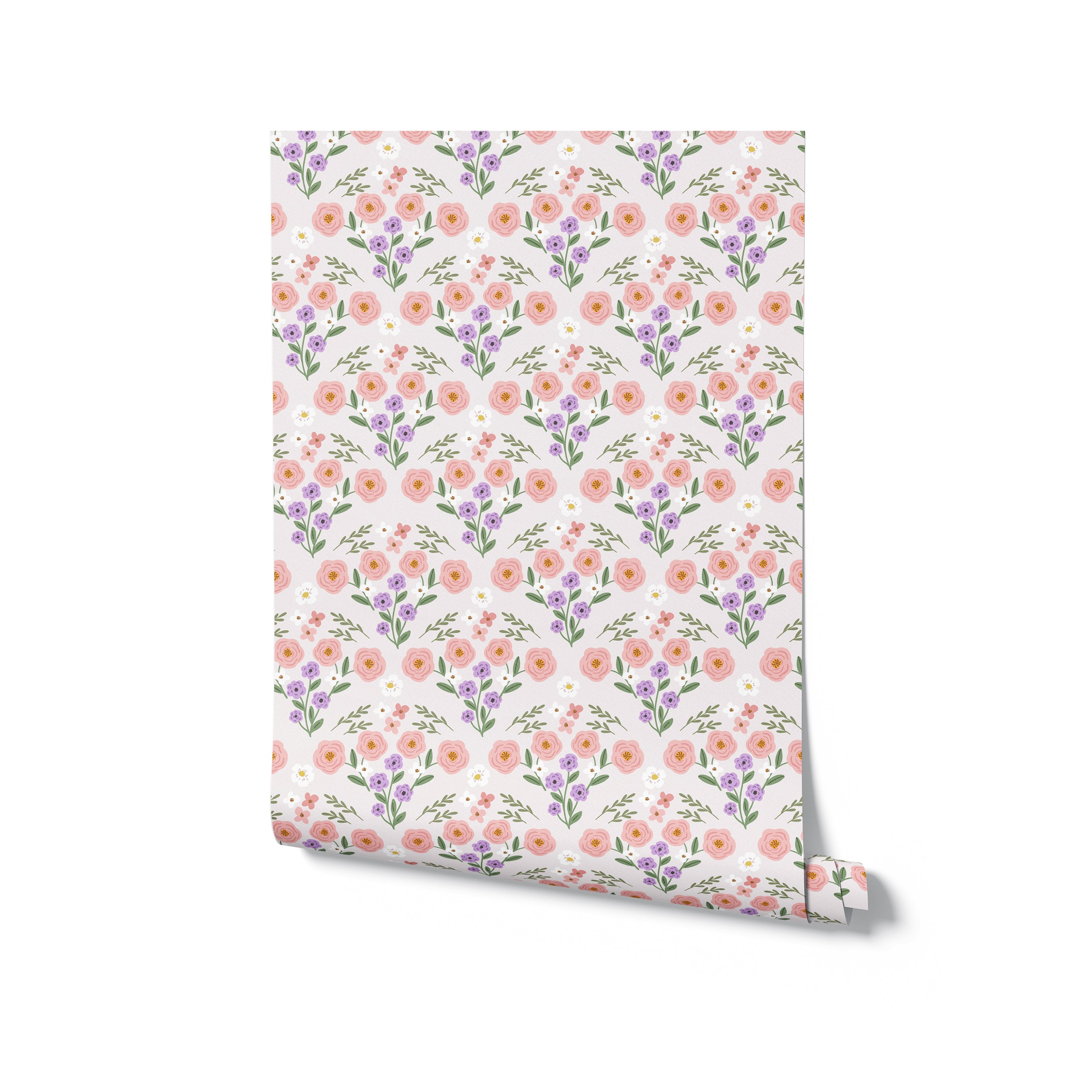 A roll of Fredlig Flowers Wallpaper displayed against a white background. The wallpaper features a delightful pattern of pink roses, purple flowers, and small white blossoms scattered across a soft white base, perfect for adding a floral elegance to home interiors.