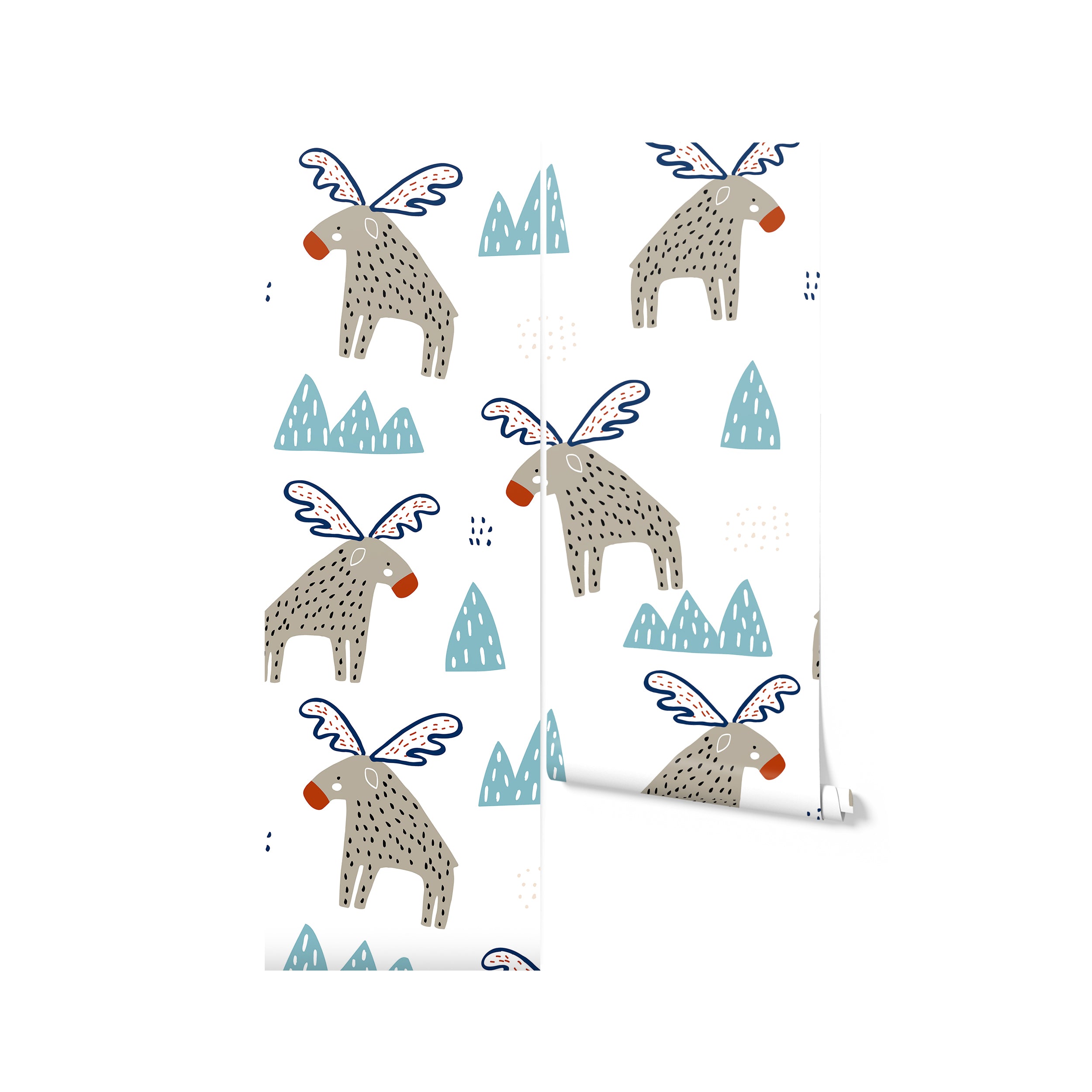 A roll of "Nordic Moose Wallpaper II" displaying an enchanting pattern of gray moose with colorful wings and red noses, set against a backdrop of blue and white mountains and various whimsical shapes, ideal for adding a touch of fantasy and creativity to any child’s room.