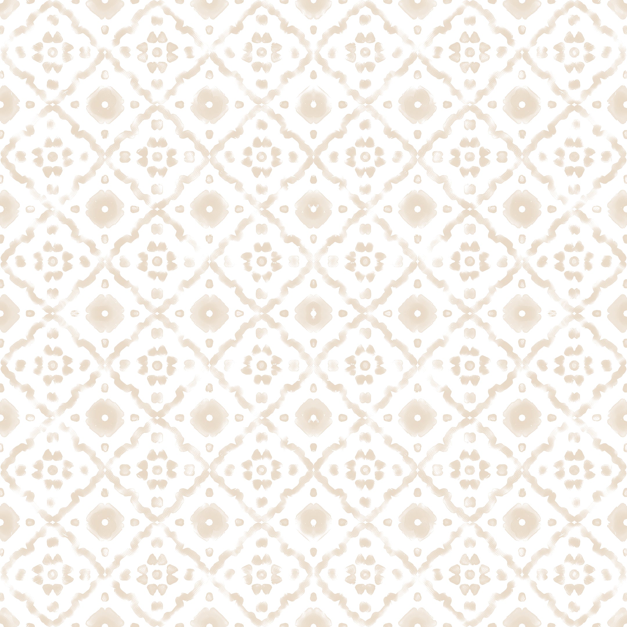 A close-up view of Euclid Wallpaper displaying a detailed geometric pattern with medallions in soft beige on a white background, ideal for adding a touch of elegance and simplicity to any room.