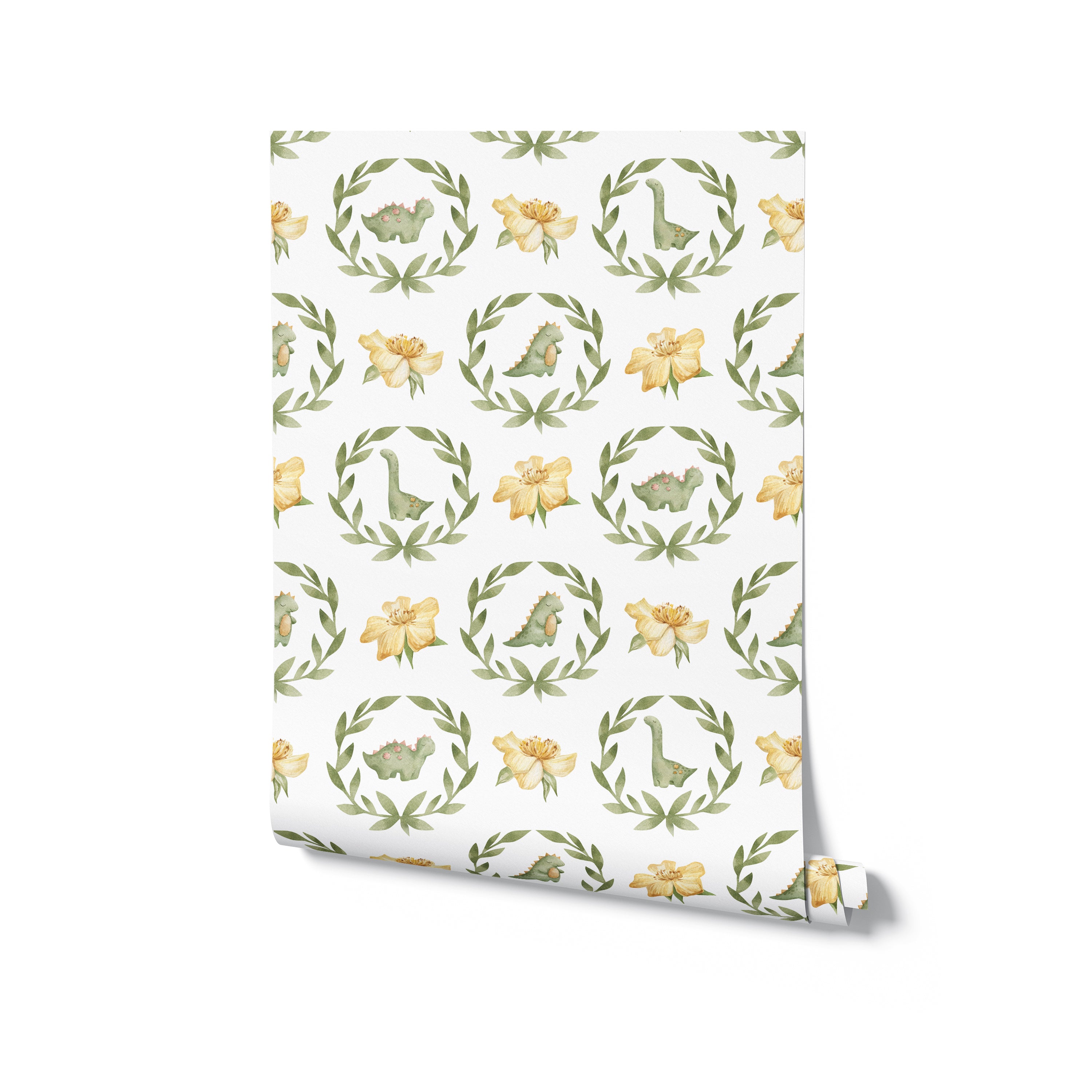 Rolled nursery wallpaper with watercolor baby dinosaurs and floral wreaths design.