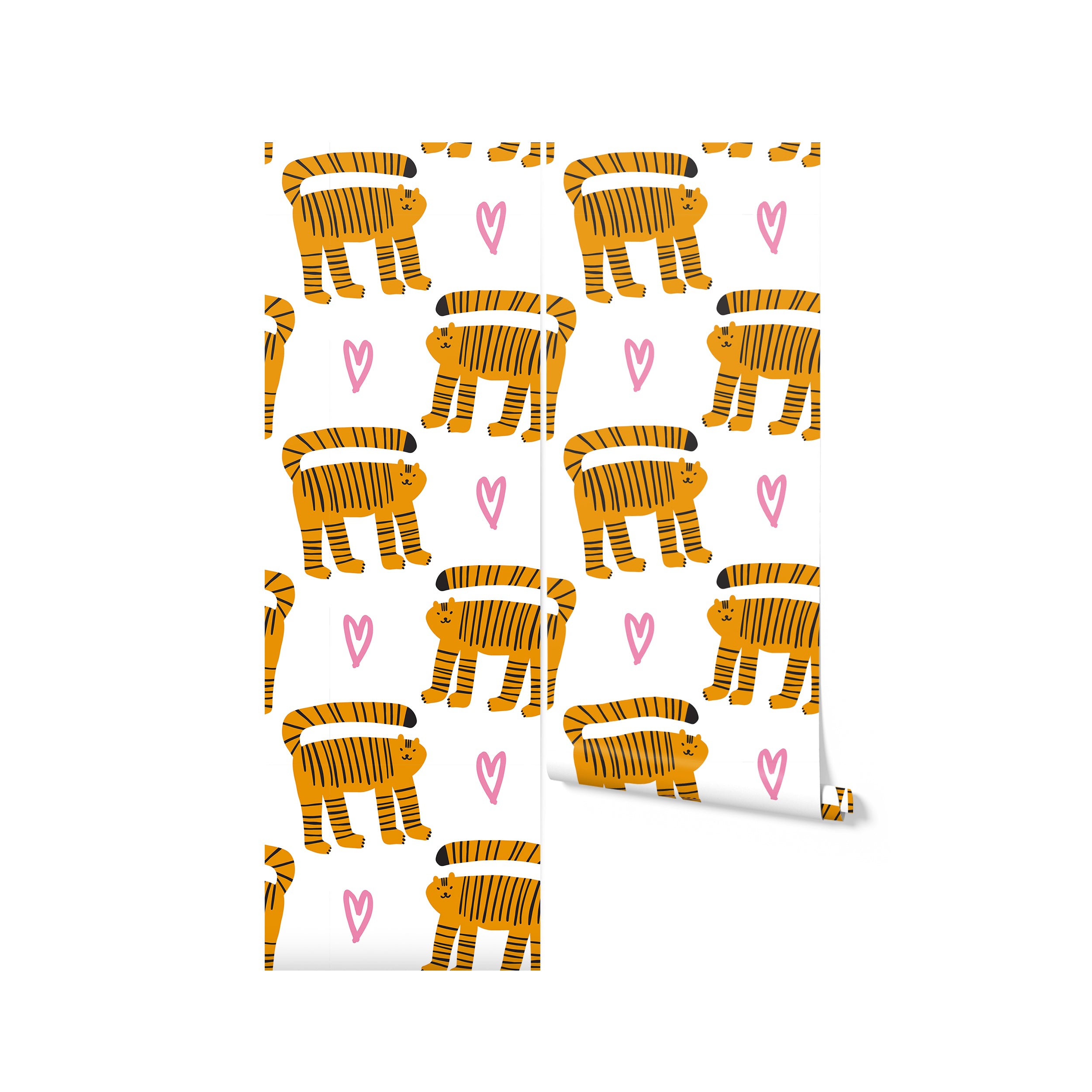 A roll of 'Cats Wallpaper 4,' displaying a cute pattern of orange cats and pink hearts against a white backdrop. This design brings a vibrant and playful vibe to any room, ideal for adding character and charm to children’s spaces.