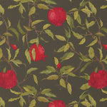 A close-up of the Vintage Pomegranate Wallpaper showing a detailed pattern of ripe red pomegranates and lush green leaves against a dark background, evoking a classic and rich aesthetic.