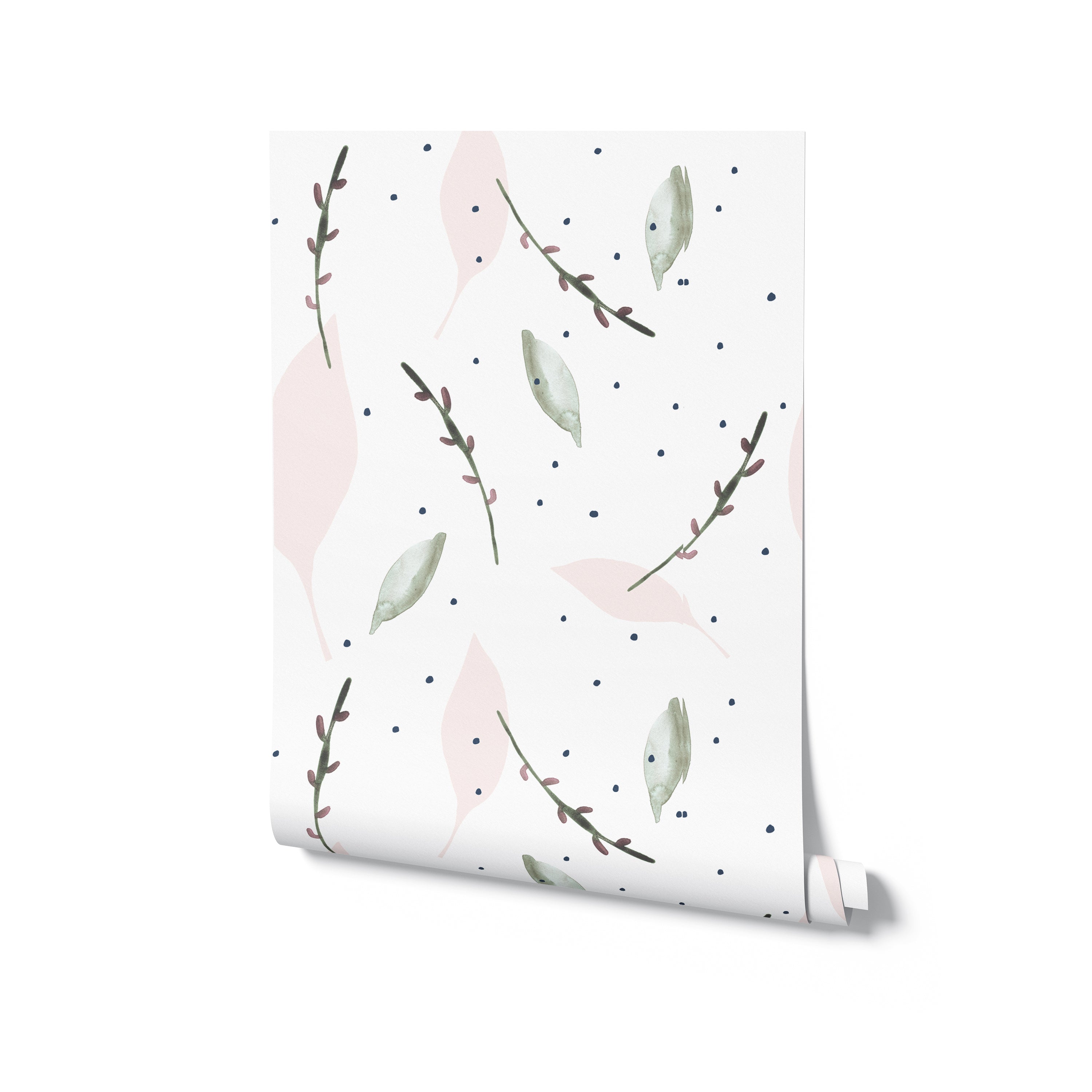 A rolled sample of 'Modern Abstract Leaf' wallpaper, presenting an artistic arrangement of abstract pink leaves, realistic green leaves, and navy dots on a pure white base, hinting at a modern and fresh approach to interior decor.