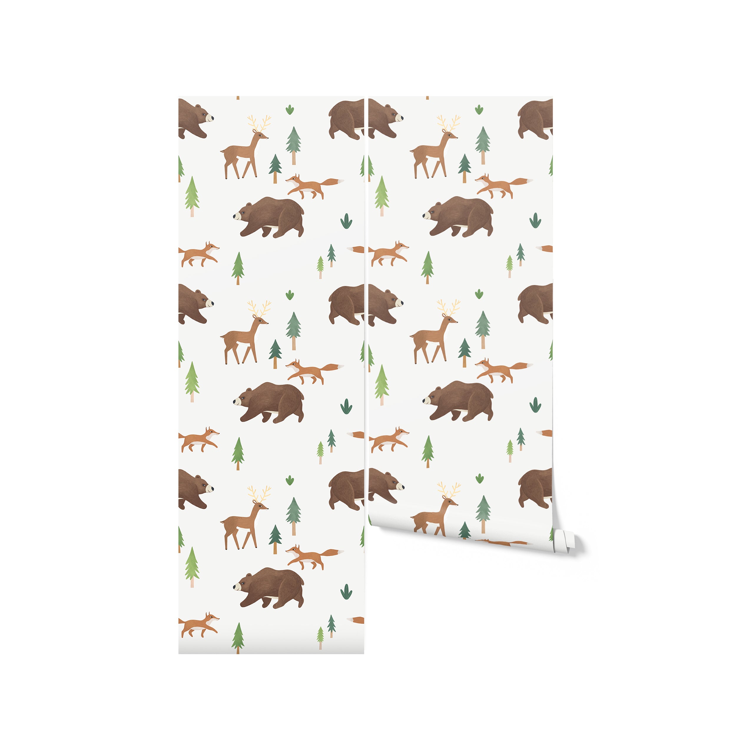 A partially rolled-up of a playful wallpaper pattern showcasing illustrated brown bears, deer, and foxes interspersed with small pine trees and green foliage. The design captures a lively forest scene in soft, earthy tones, perfect for a nature-themed nursery or children's room.