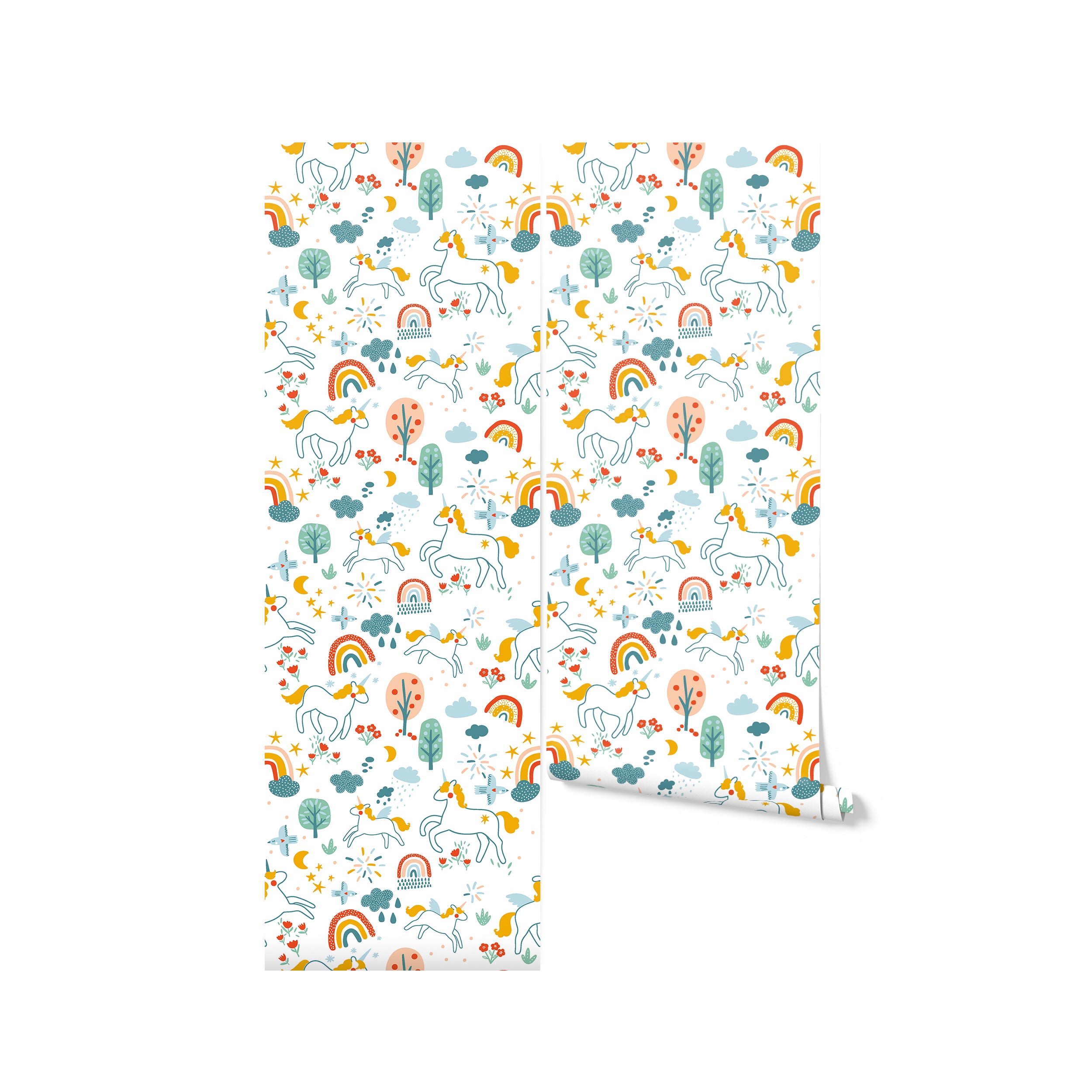 Roll of children’s wallpaper displaying a colorful and enchanting pattern of unicorns, rainbows, and various nature elements, ideal for adding a touch of whimsy to nursery interiors