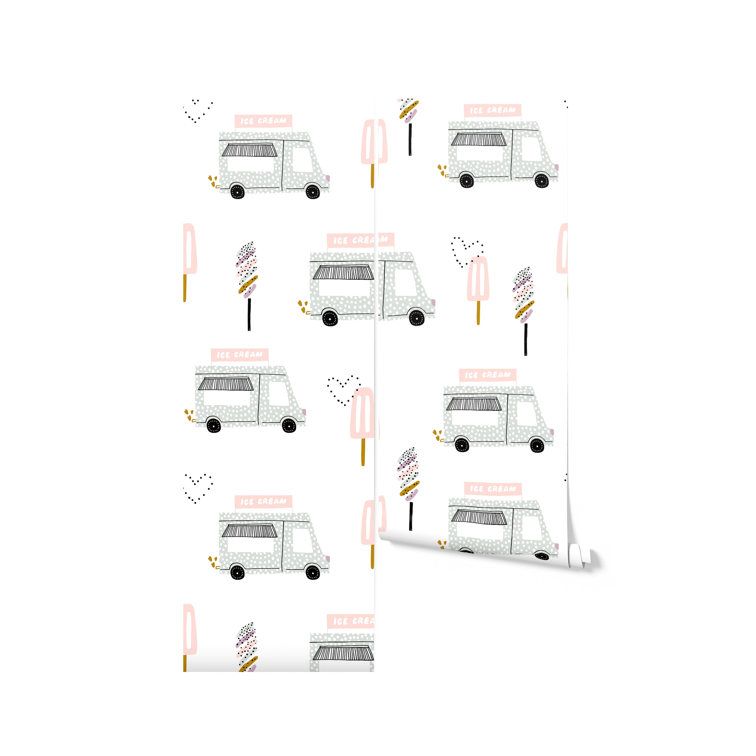 Roll of playful children’s wallpaper displaying a fun pattern of ice cream trucks and assorted ice creams on sticks, set against a white background with decorative dots, ideal for nursery or playroom walls.