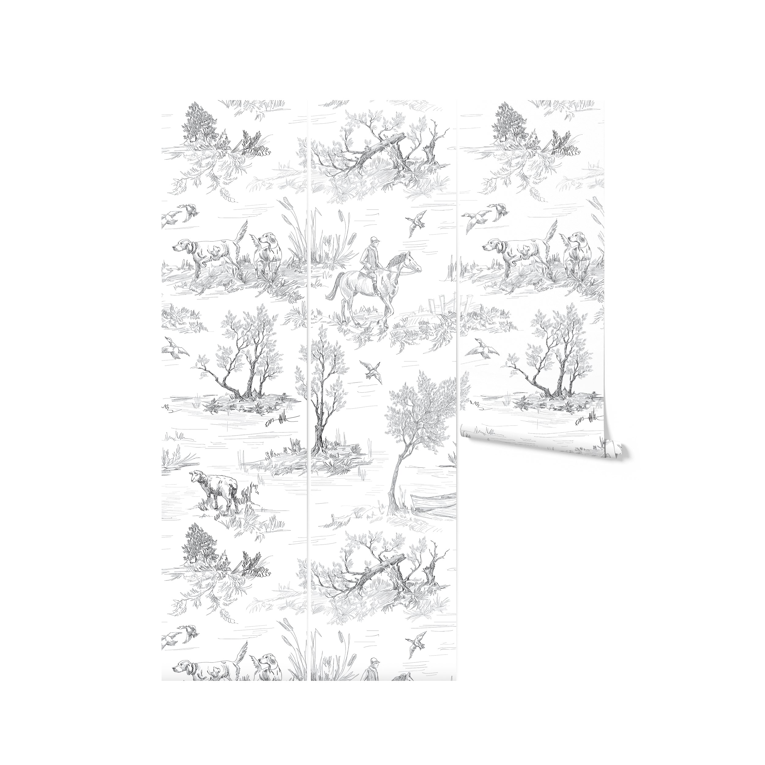 A roll of Outdoor Friend Sketch Wallpaper displayed to show its full design of detailed monochrome sketches of outdoor scenes, including dogs, wildlife, and hunters. The wallpaper's intricate artwork is perfect for adding a dramatic and thematic touch to any room.