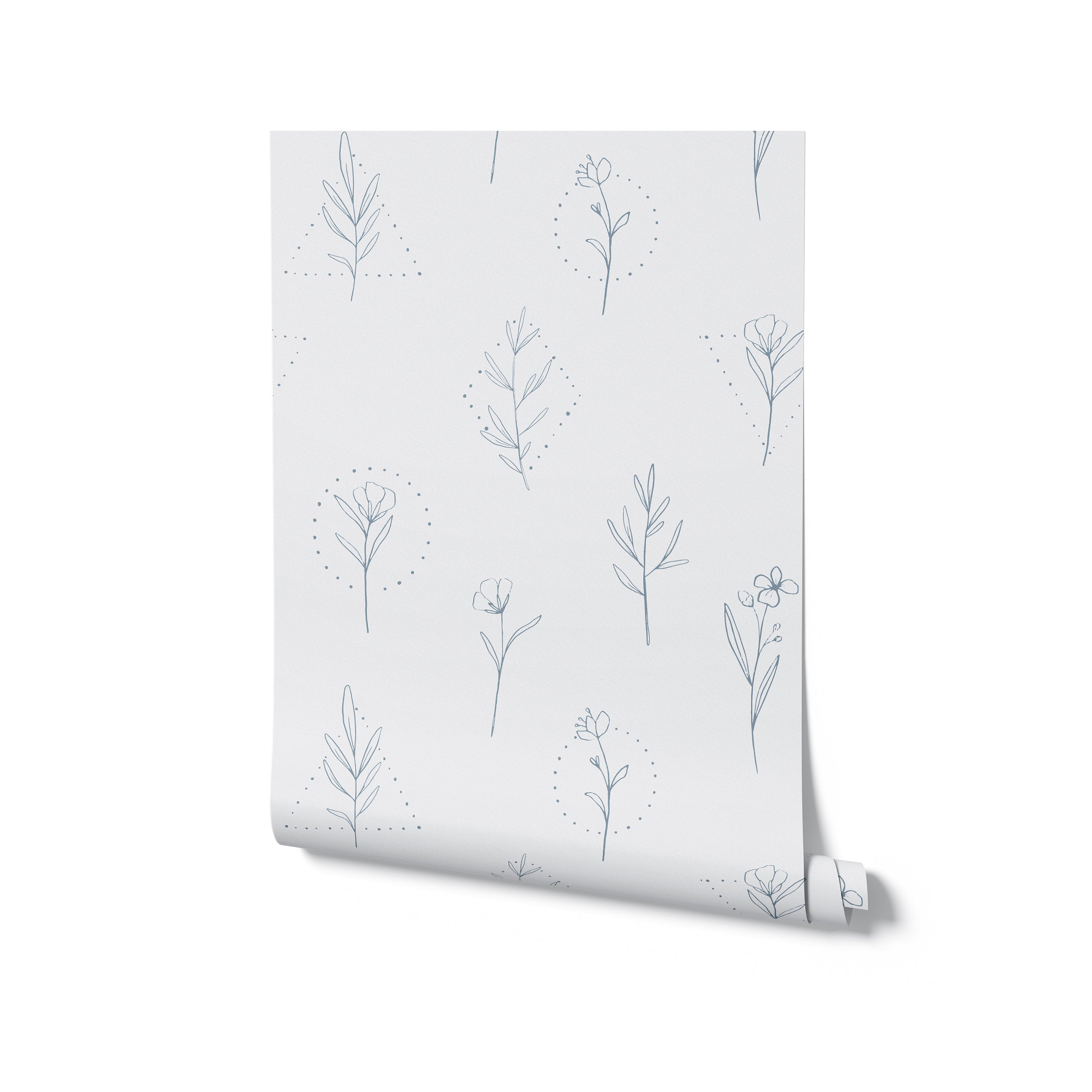 A roll of wallpaper with a white background featuring a repeated pattern of simple blue line drawings of various plants and flowers. The illustrations include stylized leaves, stems, and blossoms, some encircled by dotted lines suggesting a geometric form, creating a clean and modern aesthetic.
