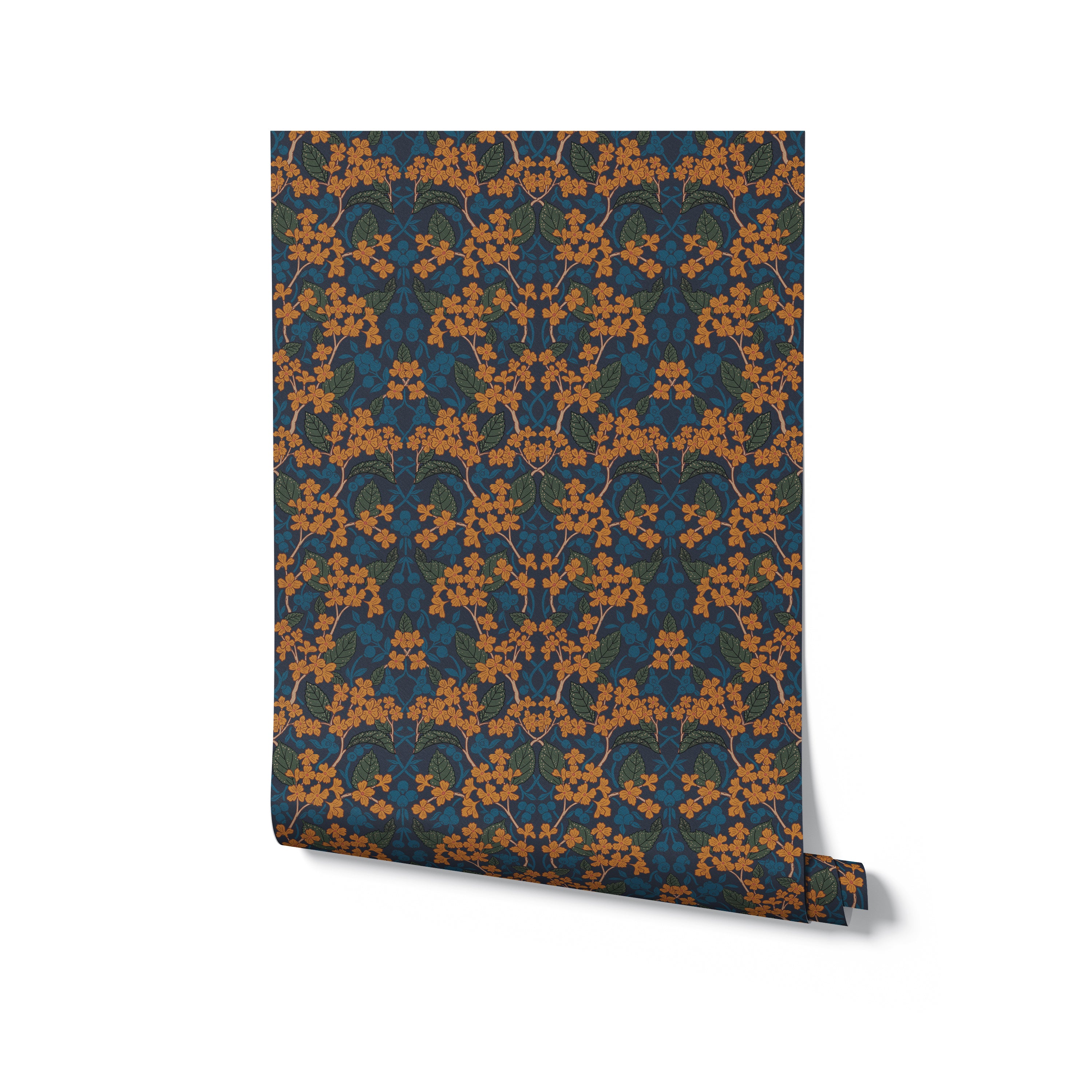 A roll of Autumn Boho wallpaper displayed vertically, showcasing a detailed floral pattern in a harmonious blend of deep blue and vibrant orange, ideal for adding a statement to any room decor