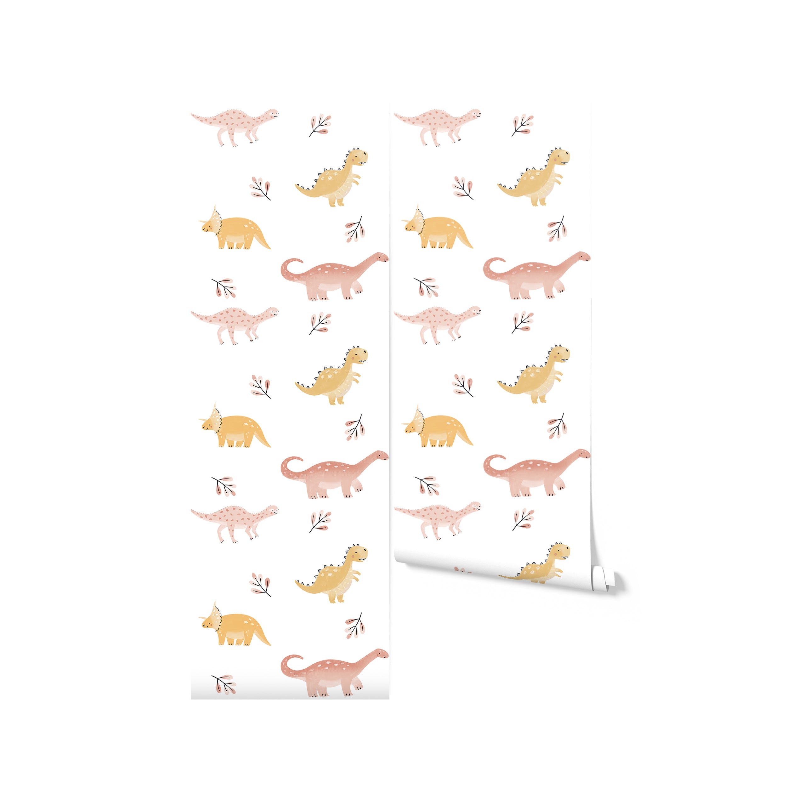 Roll of 'Dino World Kids Wallpaper' displaying a playful and educational design with cartoon dinosaurs in pink and yellow and small plant motifs on a white base, ideal for children's rooms to inspire creativity and a love of prehistoric creatures