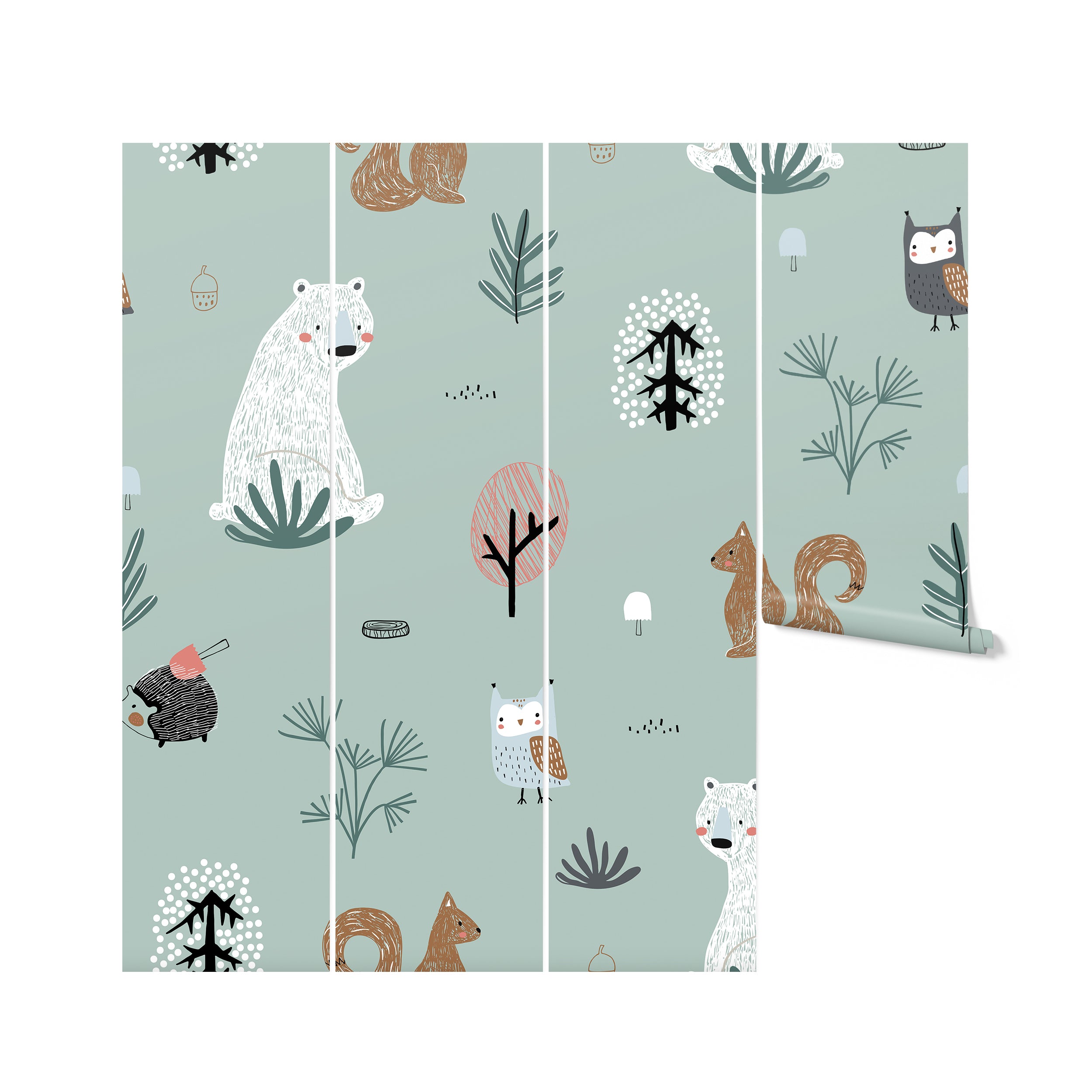 A roll of 'Forest Critters Kids Wallpaper' unfurling to reveal a heartwarming pattern of forest animals in muted colors, perfect for creating a nurturing and imaginative environment for children.