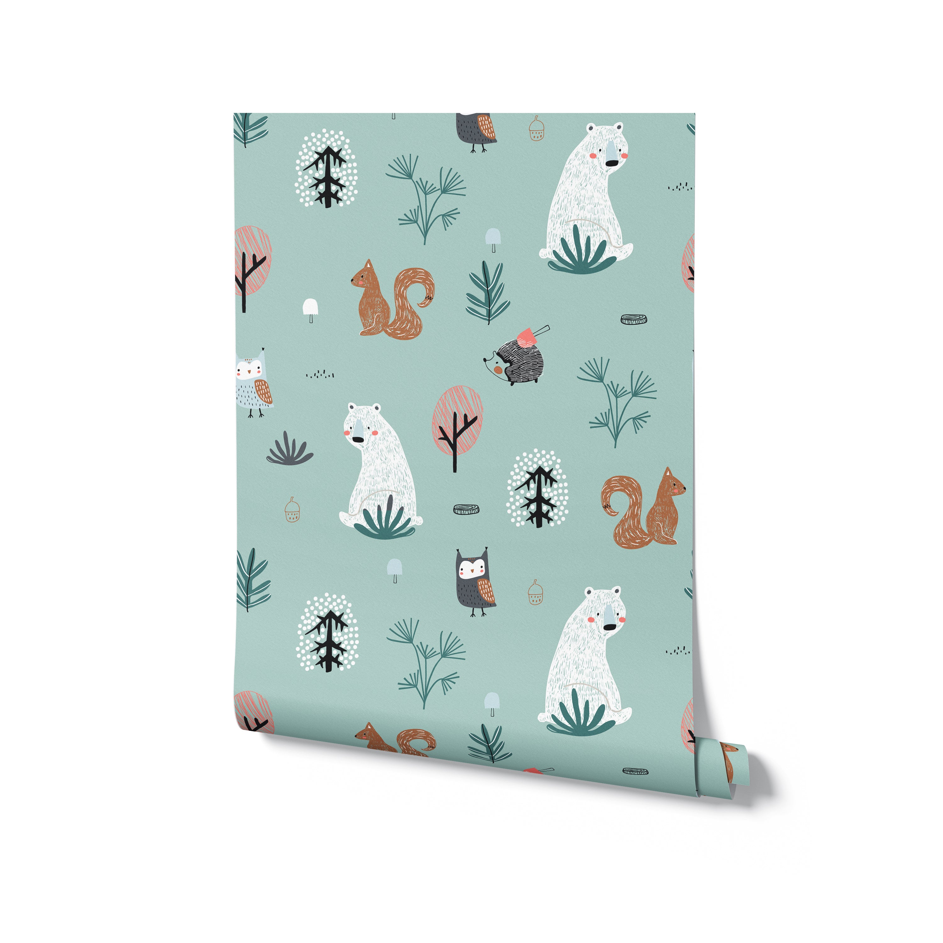 This image presents a roll of "Kids Wallpaper - Forest Critters - 25 inches." The wallpaper rolls display an engaging pattern of woodland animals and nature elements on a teal background, perfect for adding a playful yet soothing touch to children’s spaces.