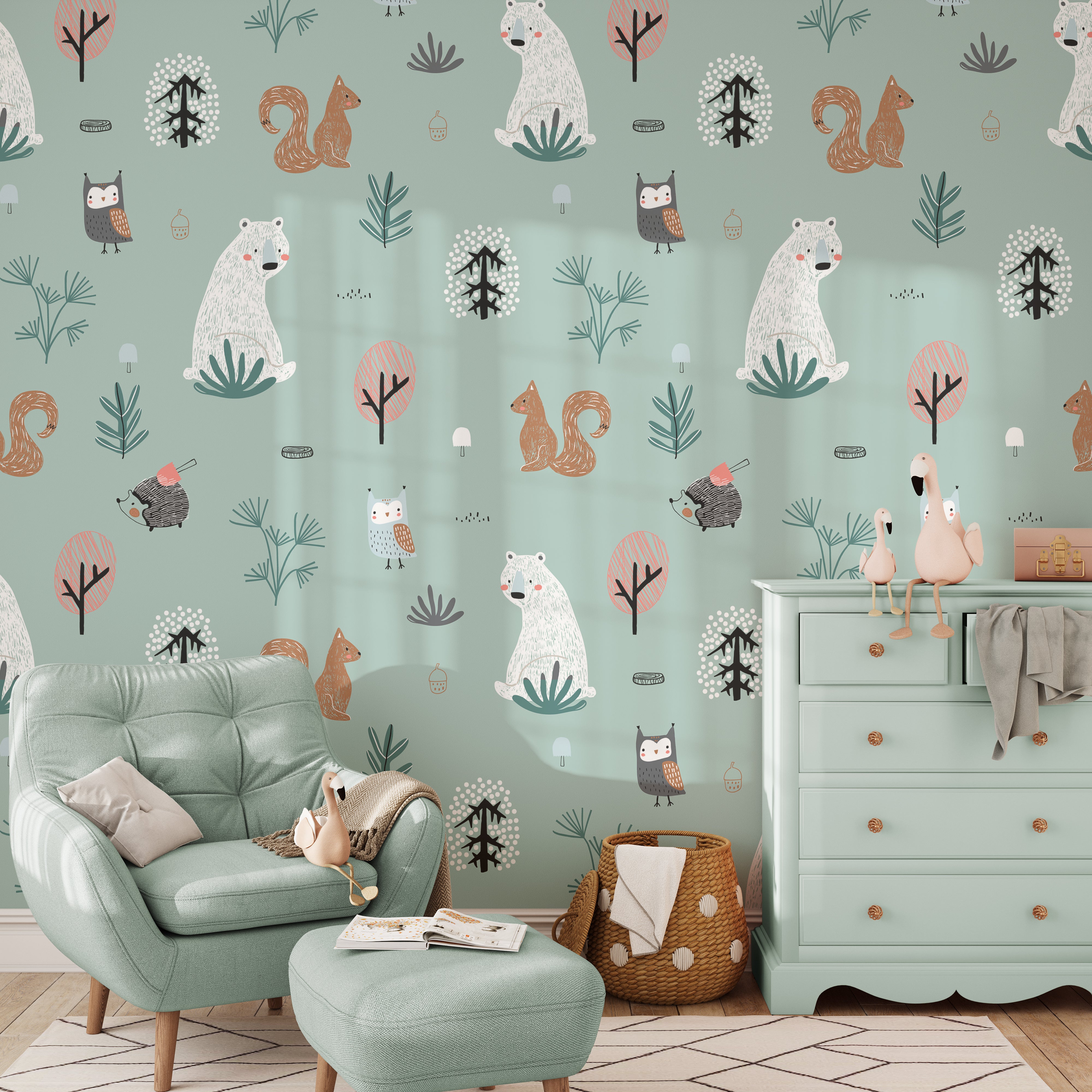 A cozy corner of a living space features the "Kids Wallpaper - Forest Critters - 50 inches." The wallpaper, illustrating a serene forest scene with large critters and flora, complements the modern furnishings, ideal for a reading nook or a child’s play area.