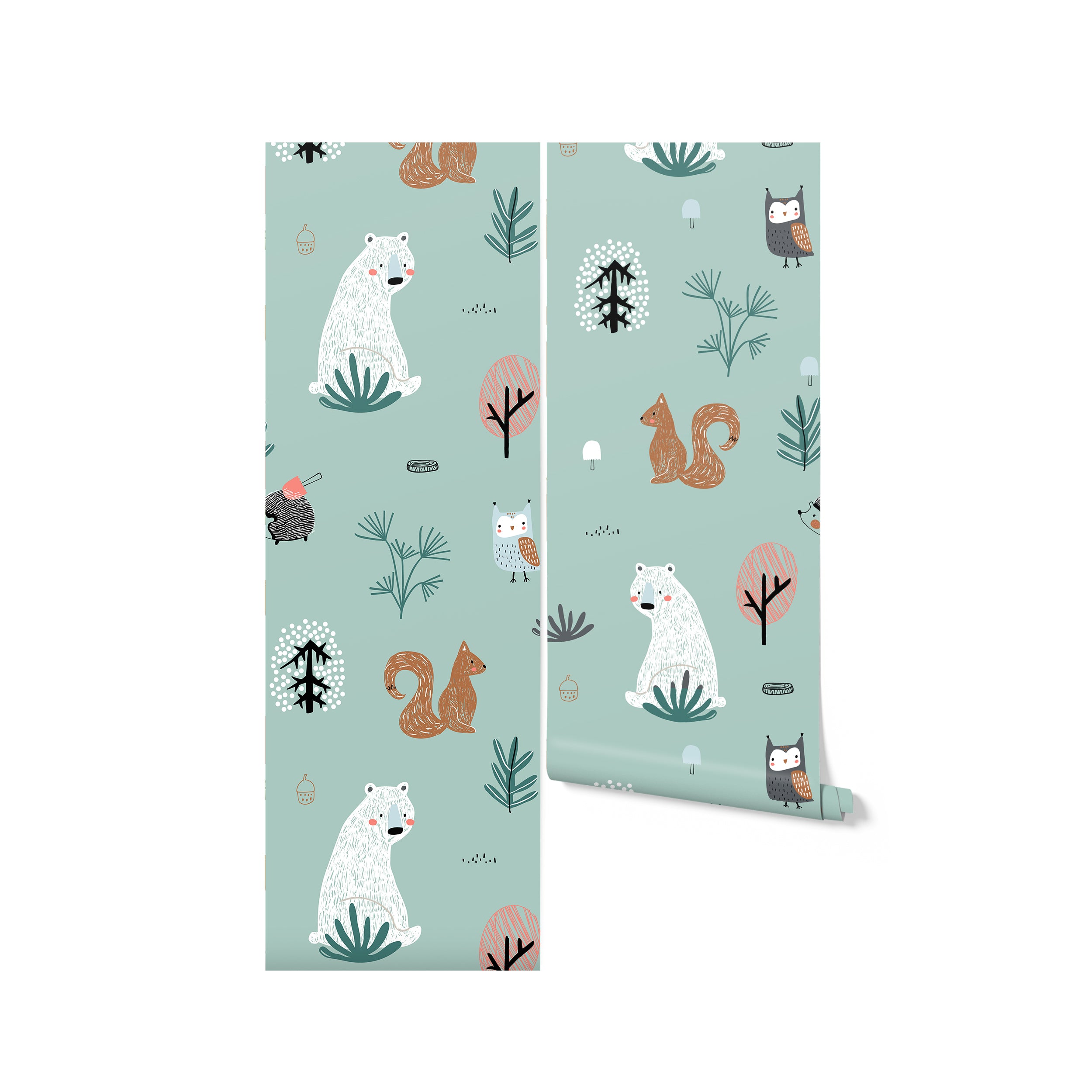 This image presents a roll of "Kids Wallpaper - Forest Critters - 50 inches." It displays a continuous pattern of large woodland creatures and plants on a teal background, perfect for creating a playful and soothing environment in children's spaces.