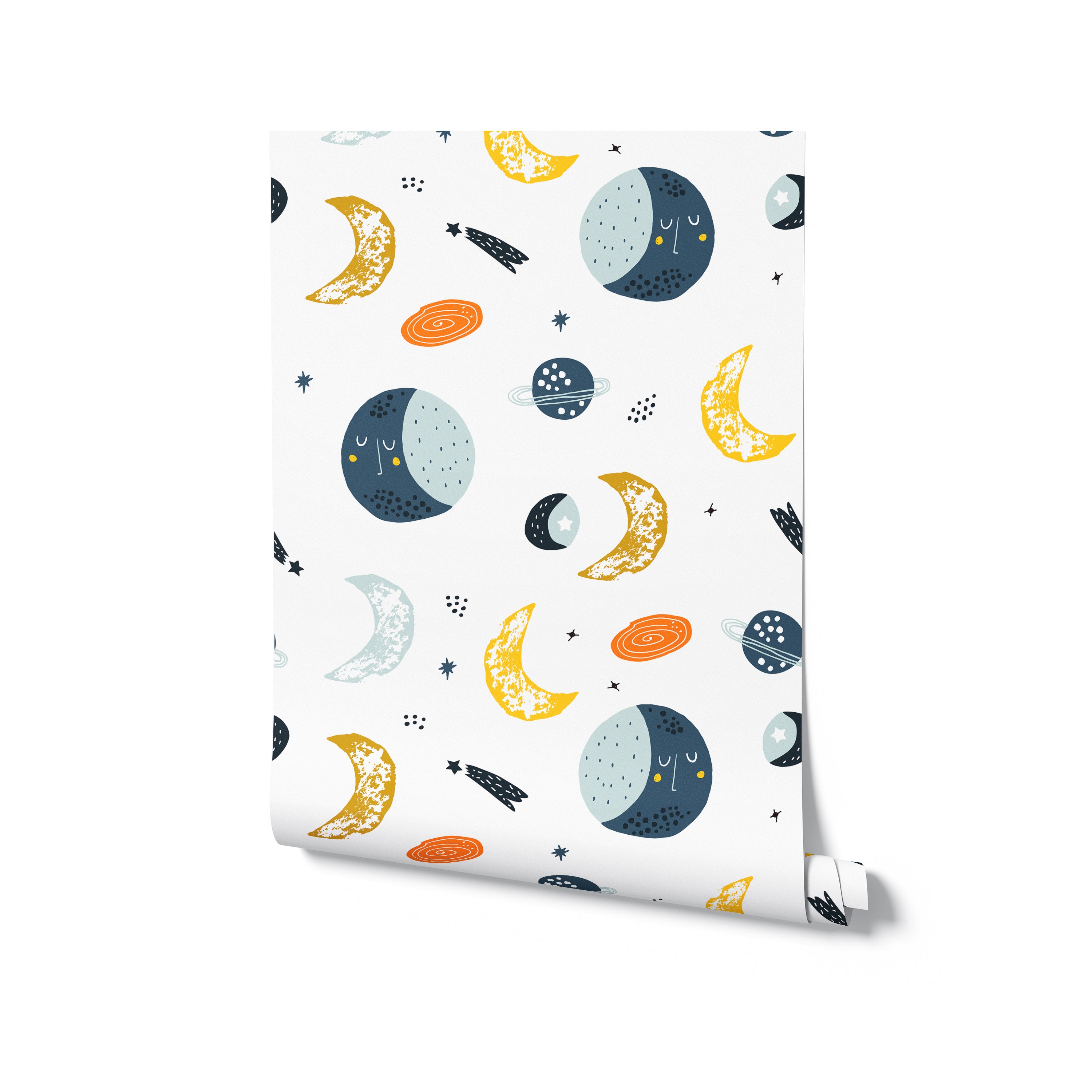 A close-up of the celestial-themed wallpaper, showcasing playful illustrations of various celestial elements like moons, stars, and planets, set against a light background. The pattern is lively and whimsical, perfect for a child's room.