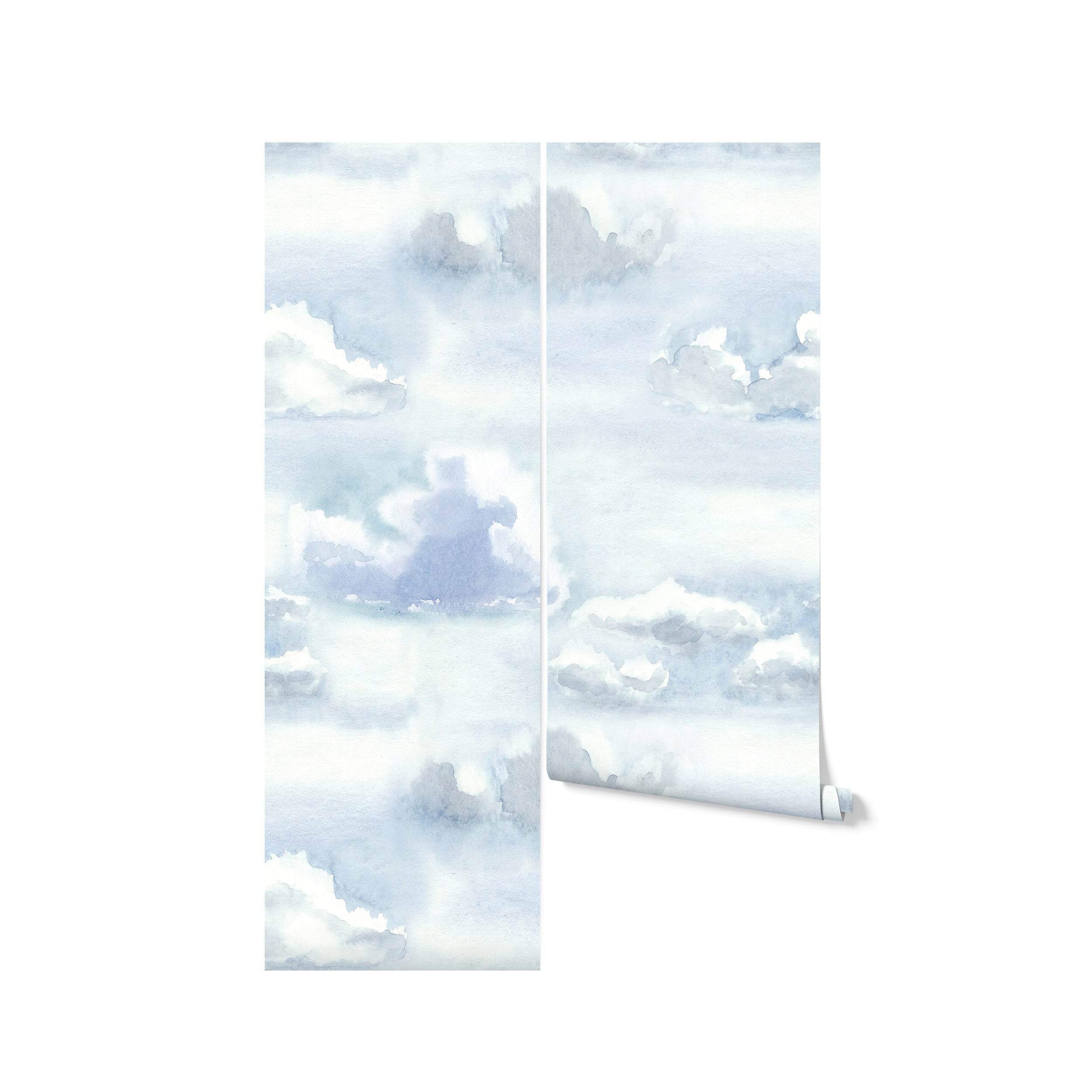 A single roll of the Watercolour Cloud and Skies II wallpaper unfurled slightly to reveal its artistic, serene cloud pattern with watercolor blue hues.