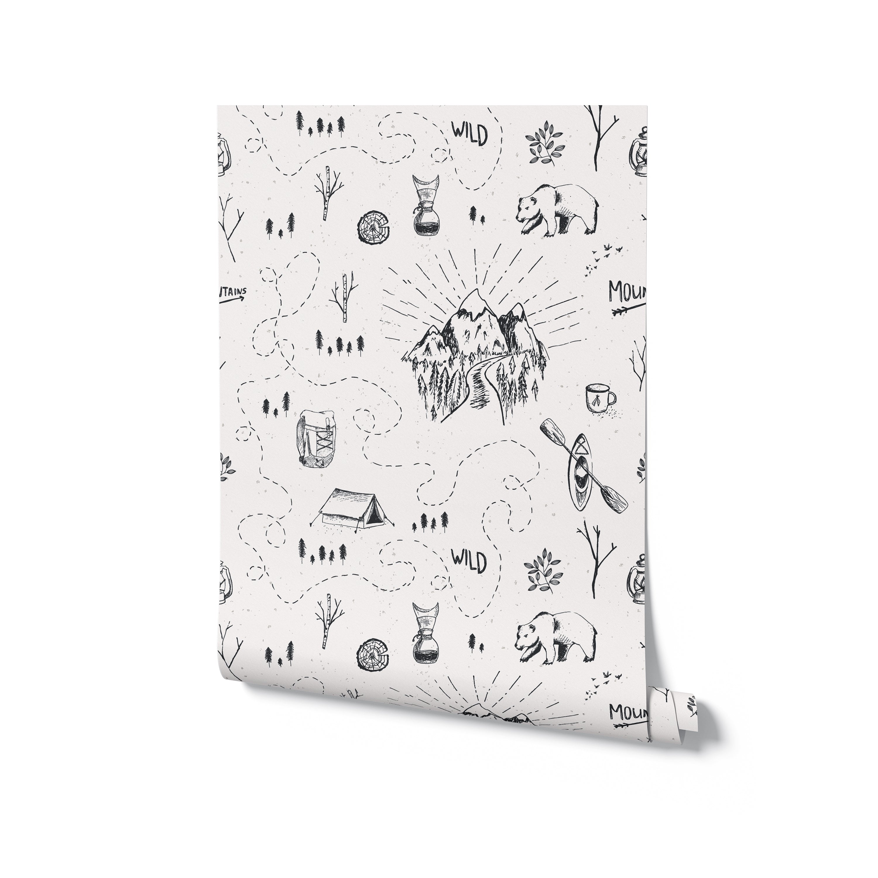 A roll of Big Adventure Kids Wallpaper presents a pattern of illustrated outdoor and wildlife scenes with bears, tents, and nature, in black sketch style on white, ready to inspire stories and dreams in any child's room.