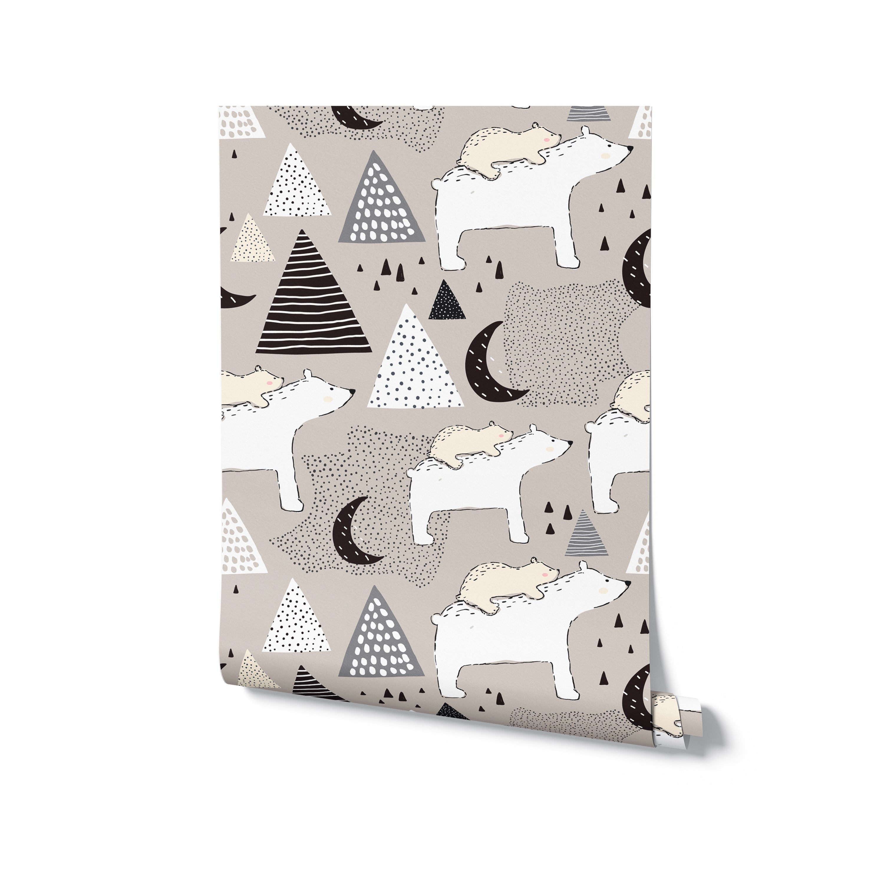 A roll of "Polar Bear Cubs Wallpaper - 25 inches" showing a continuous pattern of playful polar bear cubs interspersed with geometric shapes on a speckled beige background. The design is ideal for adding a charming and calming effect to any child's nursery or play area.