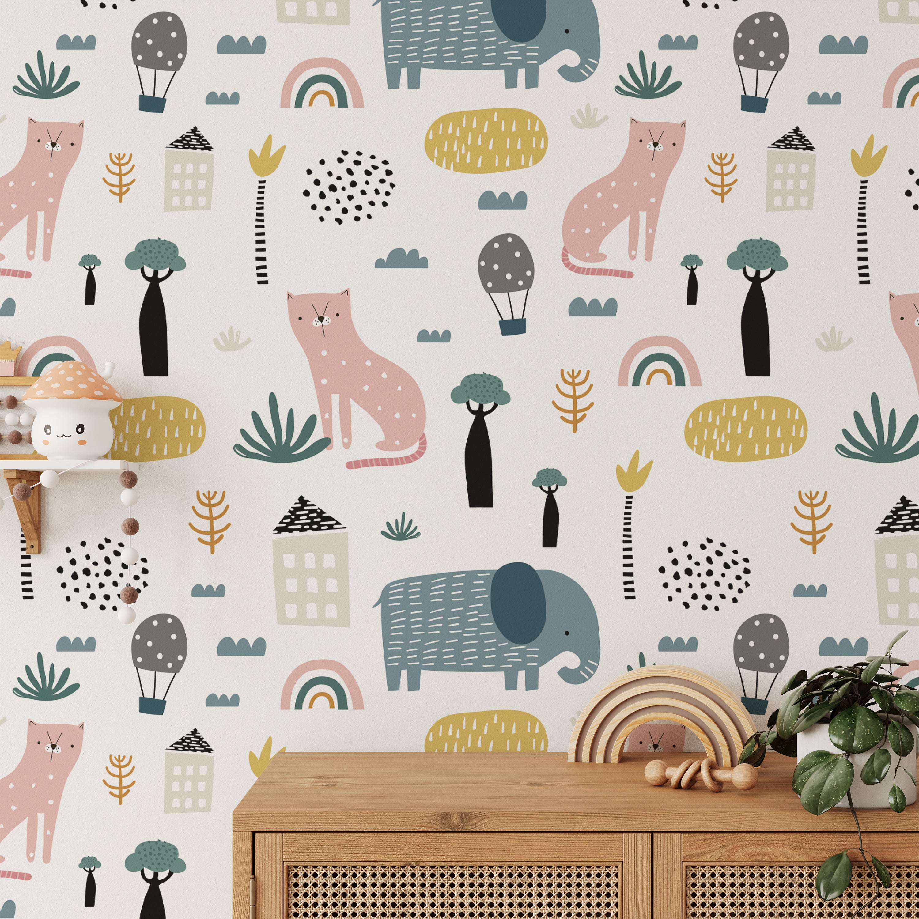 Close-up view of Fox and Elephant Wallpaper displaying a colorful and cheerful design with foxes, elephants, trees, and rainbows in soft pastels on a white background. The design is perfect for adding a fun and creative touch to a child's bedroom or play area.