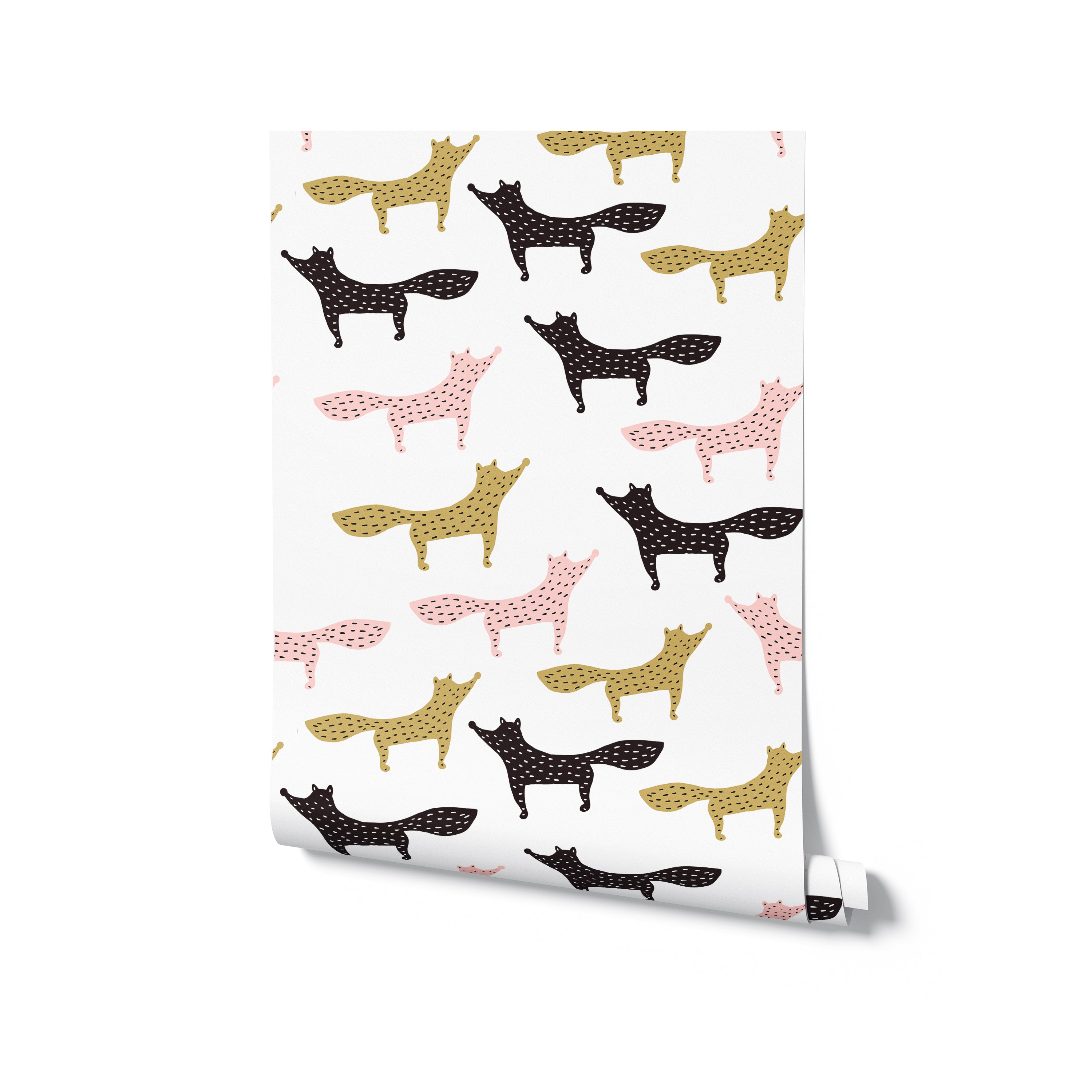A rolled sample of Foxes Wallpaper showcasing an array of cheerful foxes in pink, yellow, and black with polka dot patterns. This whimsical wallpaper is ideal for adding a touch of fun and creativity to any child's room or play area