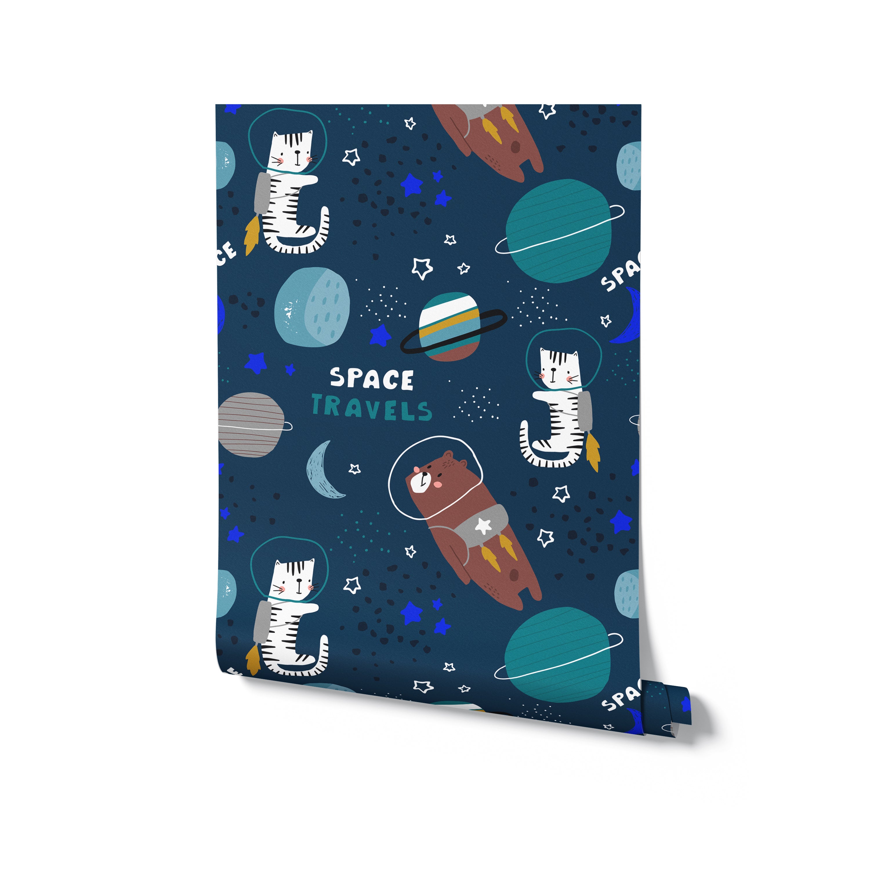 A close-up of the space-themed wallpaper, showcasing playful illustrations of bears and tigers in space helmets with jetpacks, surrounded by stars, planets, and moons, set against a dark blue background. The pattern is lively and whimsical.