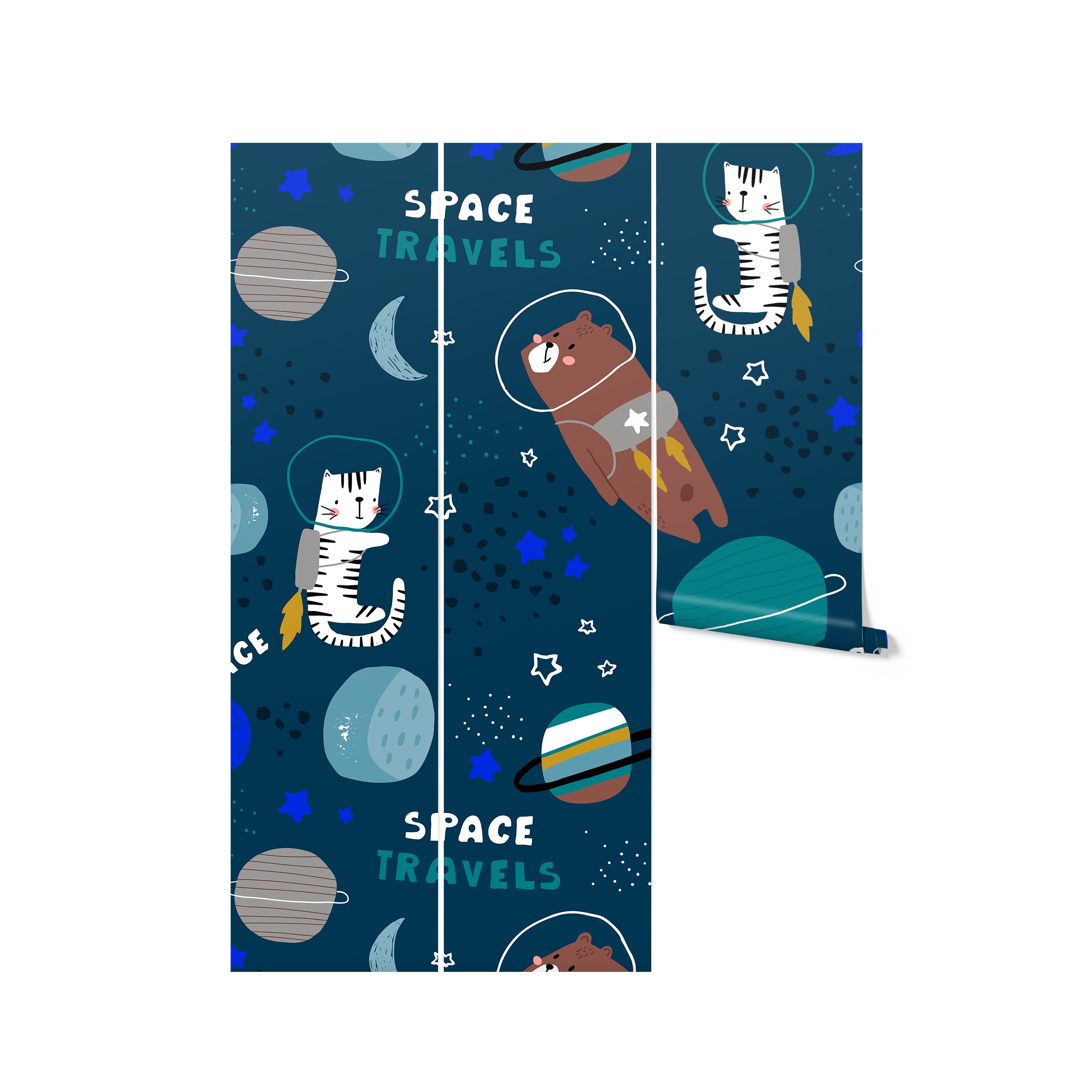 A close-up view of the children's wallpaper roll showcasing the pattern of cute astronaut animals, planets, and stars. The deep blue background and playful design elements make it perfect for creating a whimsical space-themed room.