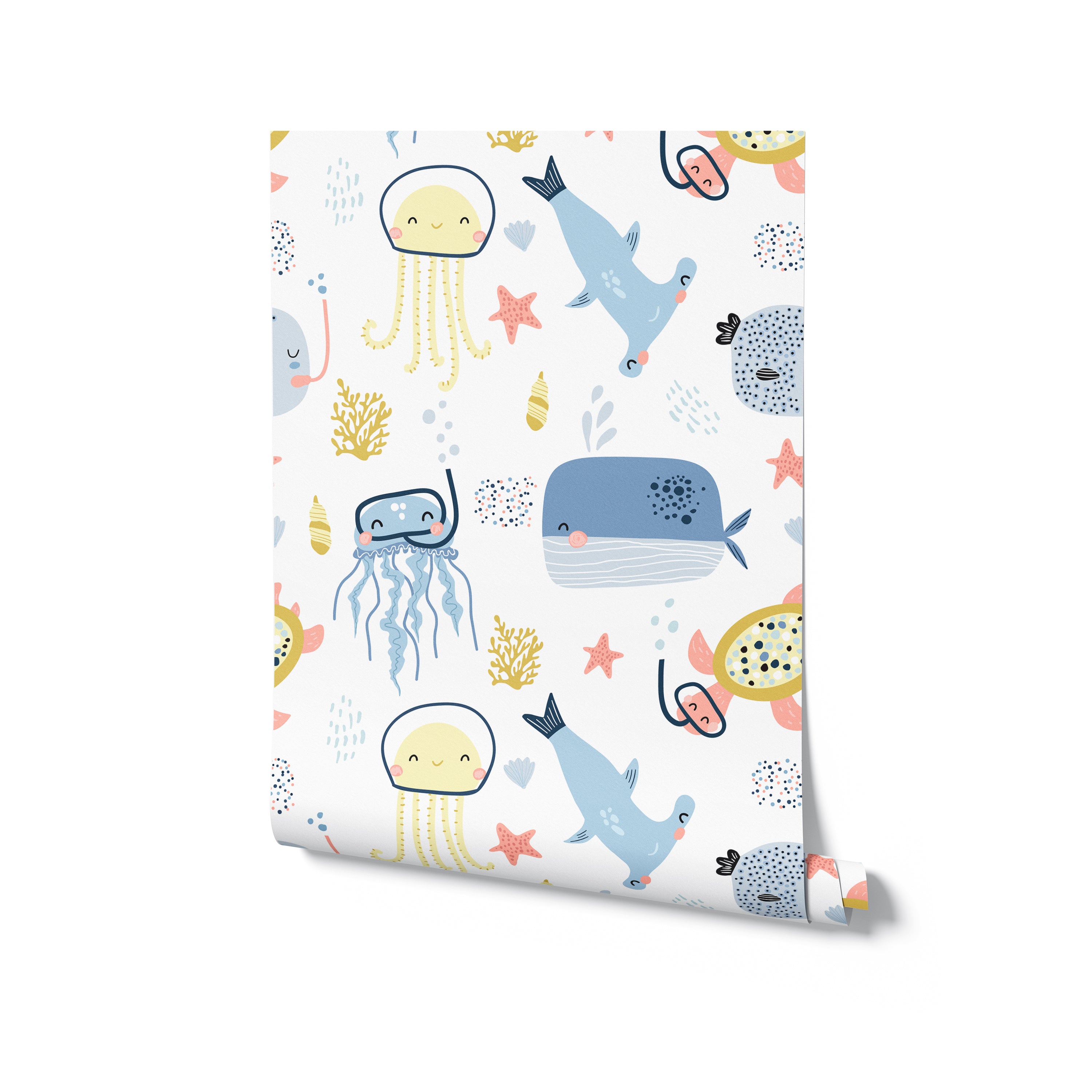 A close-up of the under-the-sea-themed wallpaper, showcasing playful illustrations of various sea creatures, including jellyfish, whales, sea turtles, and coral, set against a light background. The pattern is lively and whimsical, perfect for a child's room.