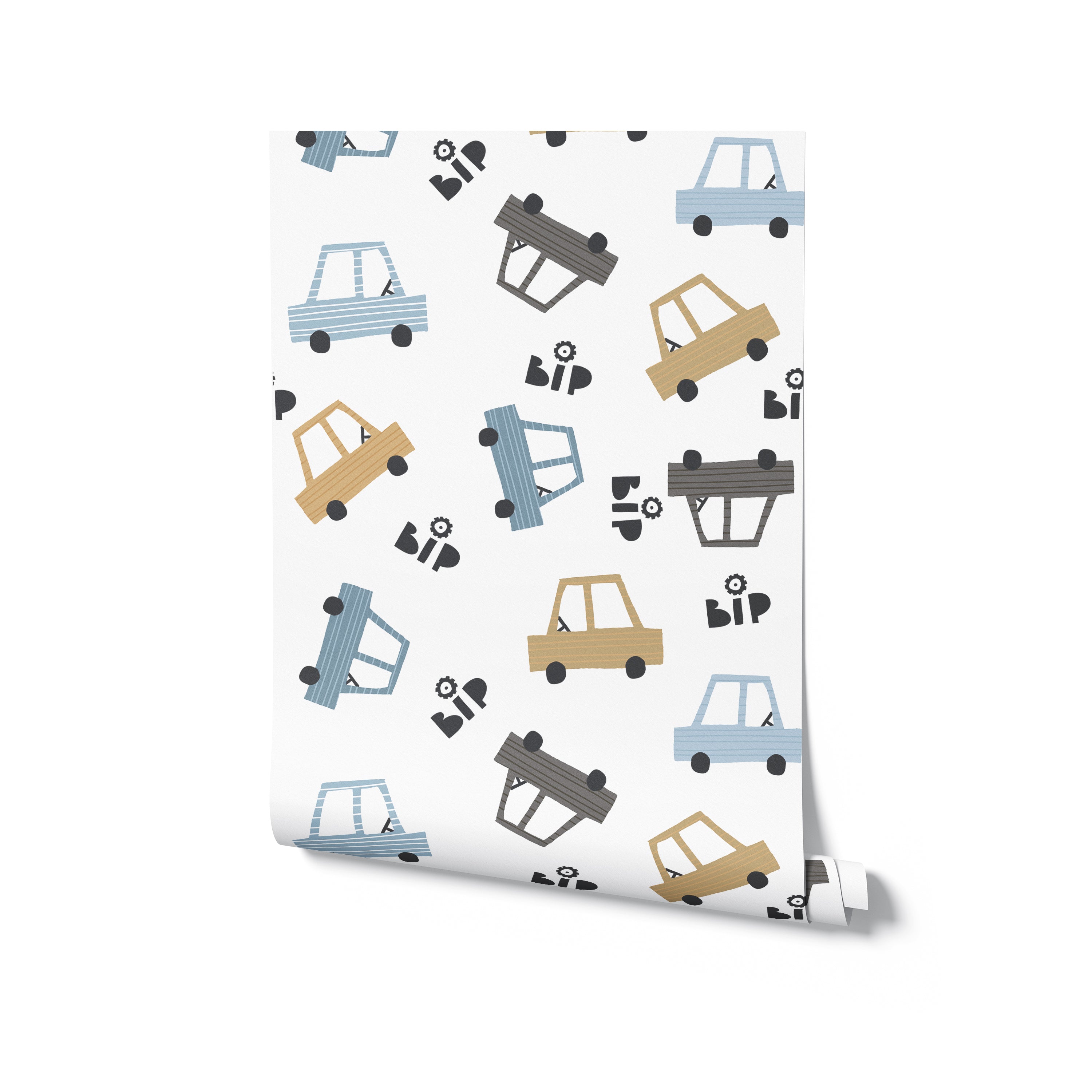 Close-up view of Toy Cars Wallpaper showing a whimsical design of various toy cars in blue, yellow, and gray colors. The cars are depicted in a cute, cartoonish style, making it a charming choice for a child's room decor.