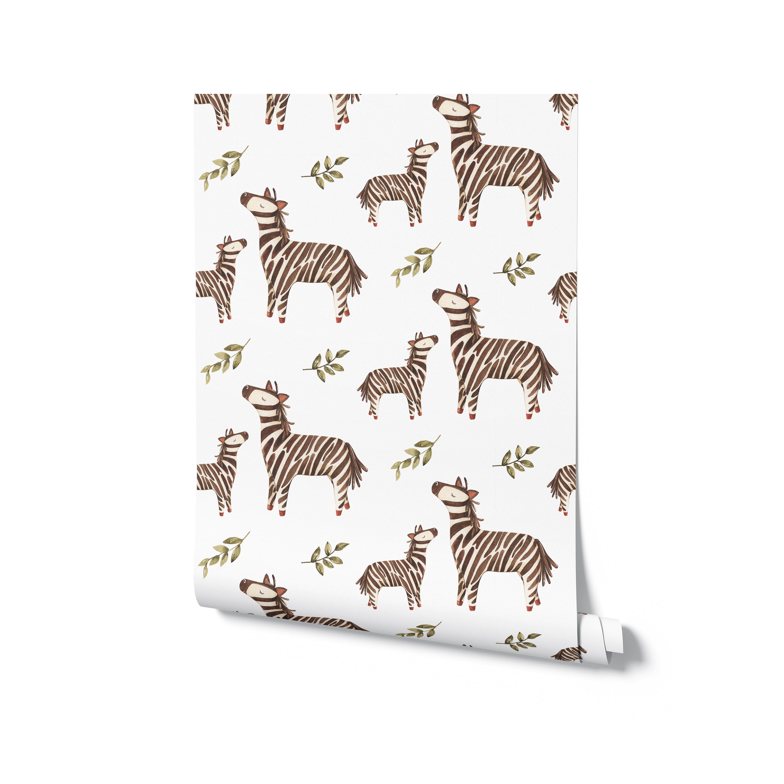 Roll of watercolor zebra wallpaper with detailed zebras and green leaves design