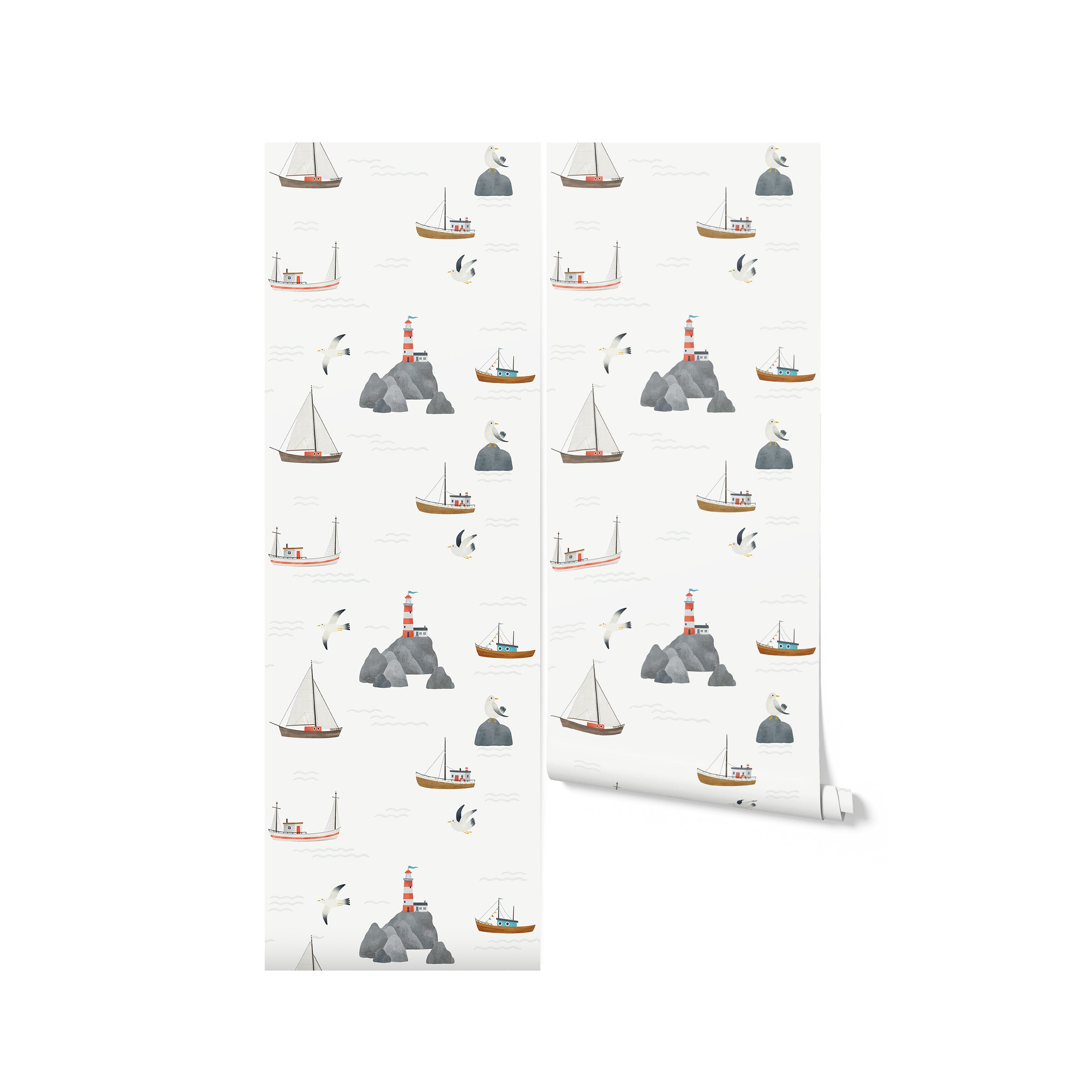 A roll of "By the Sea - Sailboat and Lighthouse Wallpaper" displayed unrolled, highlighting the detailed artwork of maritime scenes with sailboats, lighthouses, and sea birds. This image focuses on the wallpaper's potential to transform any room with its soothing nautical theme.