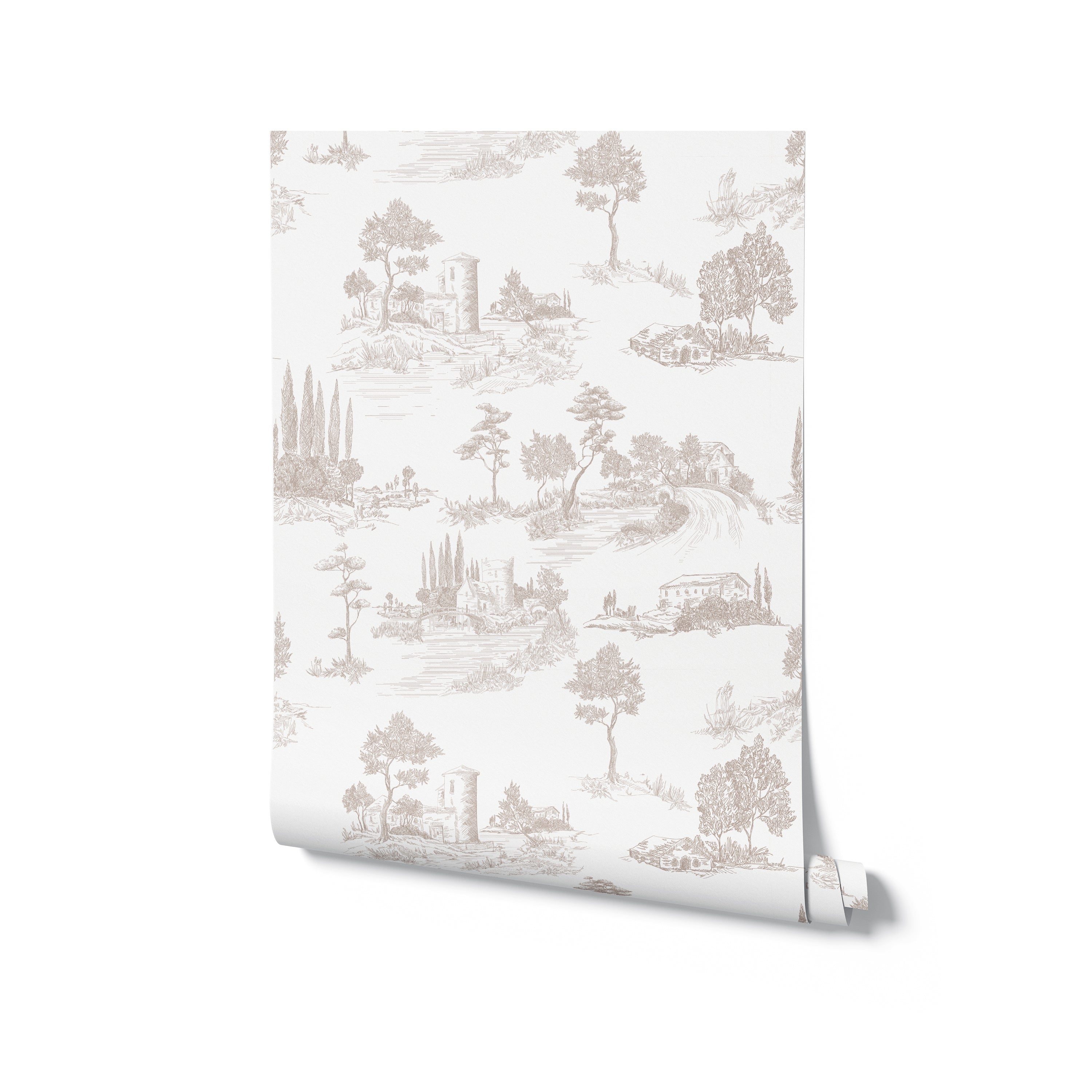 A side view of the Farmhouse Toile Wallpaper roll partially unrolled, displaying the intricate toile pattern that captures bucolic life in fine detail, set against a light background that emphasizes the pastoral and tranquil theme of the design.