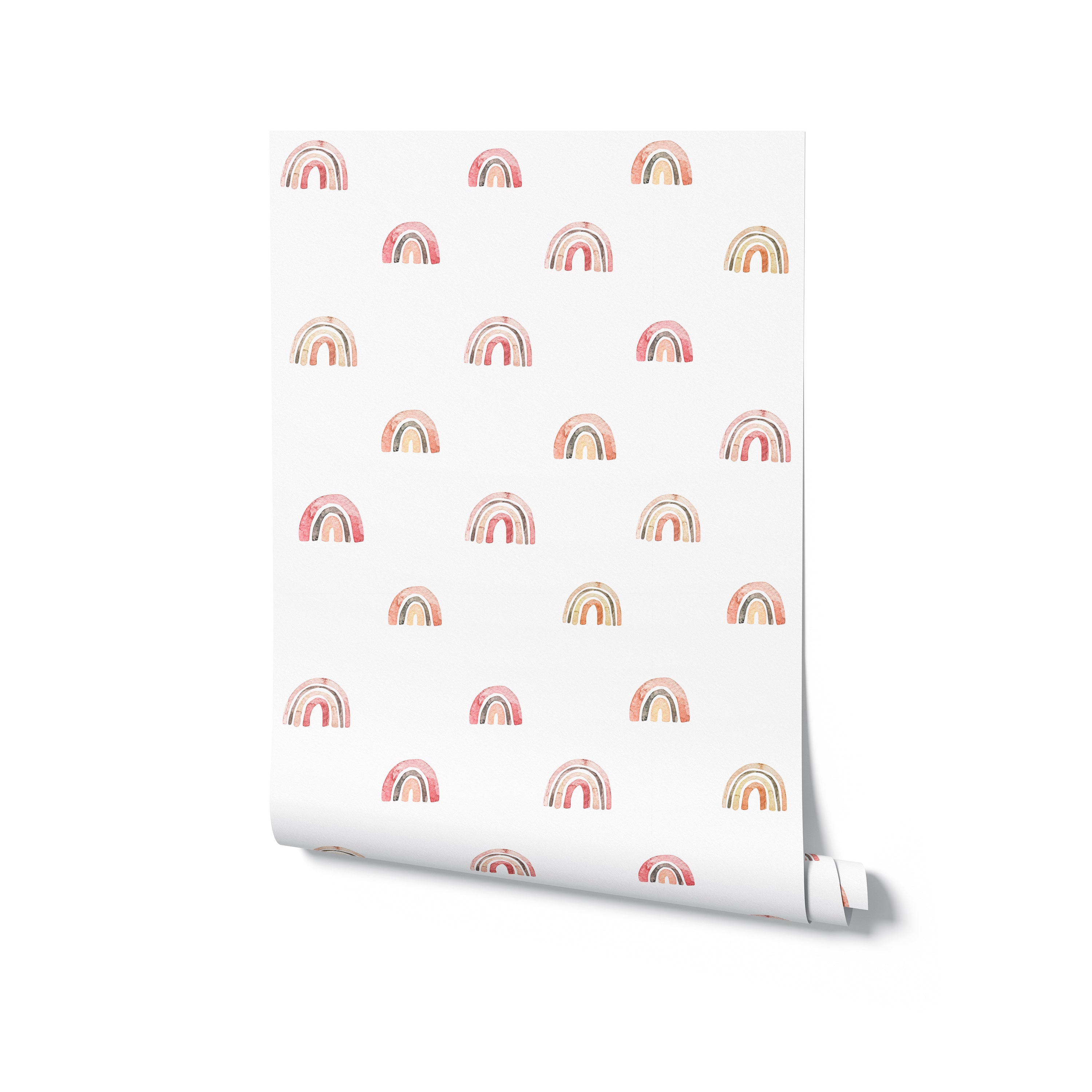 A rolled piece of Watercolor Rainbow Wallpaper featuring a charming array of small watercolor rainbows in muted tones of pink and beige with golden highlights, set against a pure white background for a gentle, nursery-friendly design.