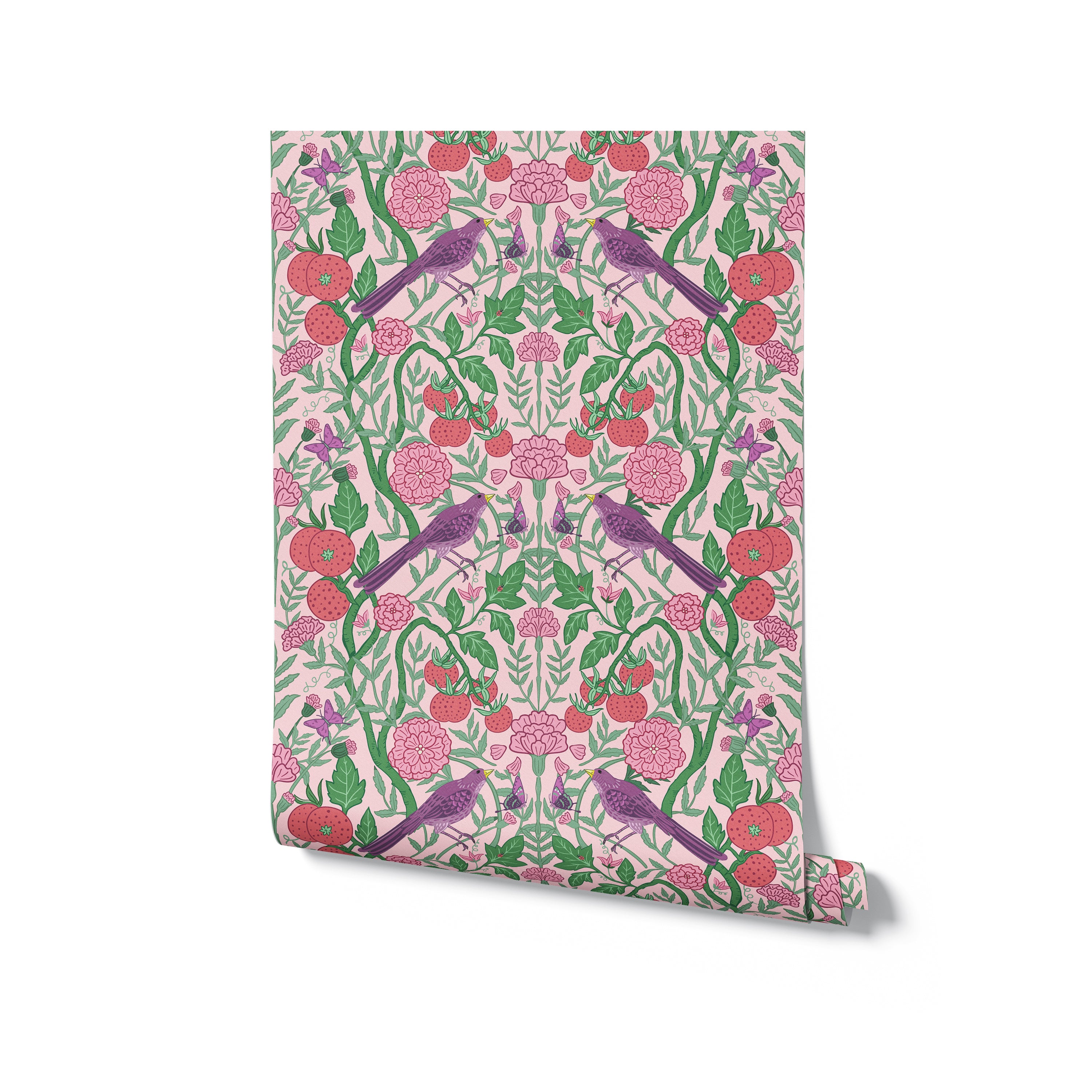 Seamless wallpaper pattern featuring an intricate design of strawberries, flowers, and birds in a stylized garden setting. The background is soft pink, with elements in shades of green, red, and purple, ideal for a lively and cheerful room decor."